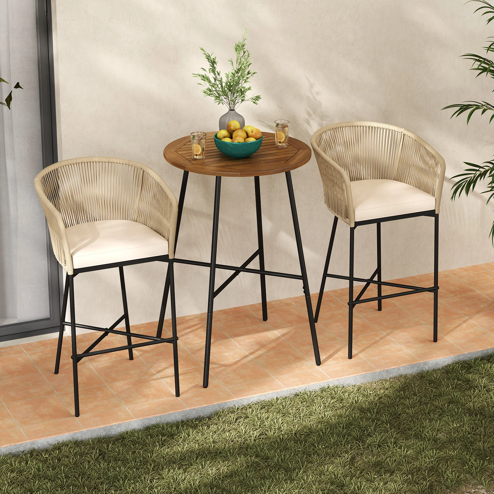 Tangkula 3 Pieces Rope Woven Patio Bar Set, Counter Height Bistro Set w/Soft Cushions - Image 8
