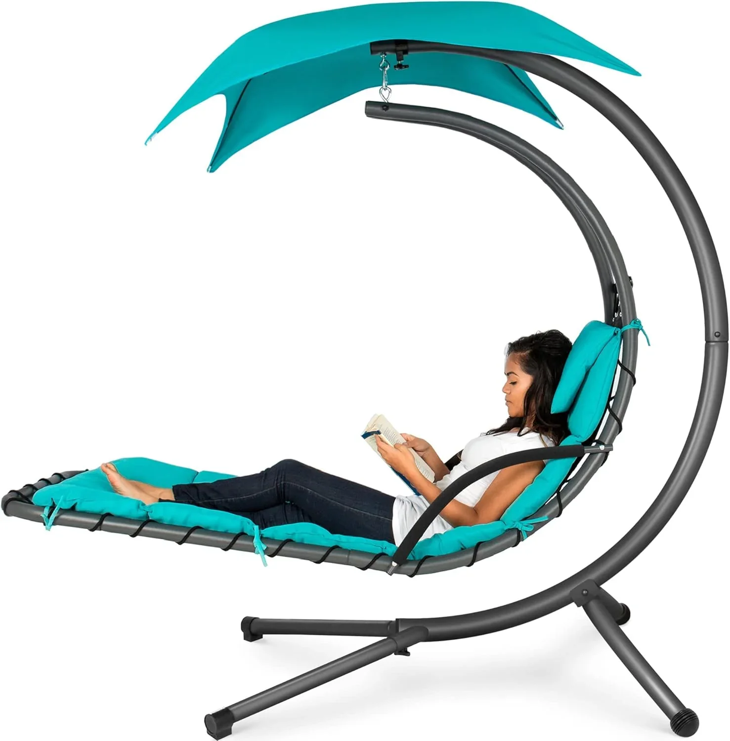 Best Choice Products Outdoor Hanging Curved Steel Chaise Lounge Chair Swing w/Built-in Pillow and Removable Canopy - Charcoal Gray - Image 12