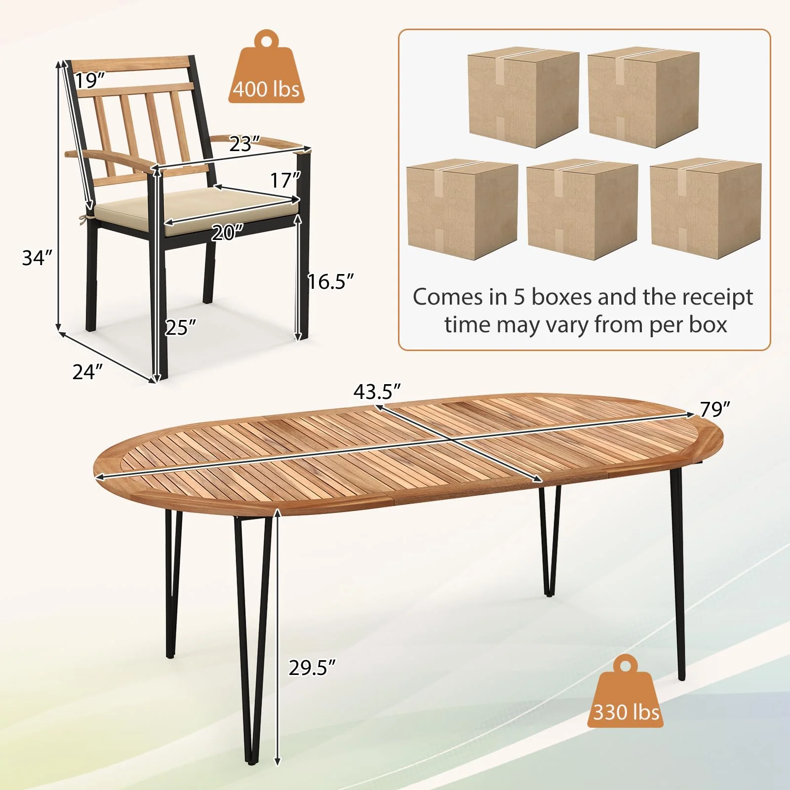 Tangkula 9 Pieces Outdoor Dining Set, Patio Furniture Set with Acacia Wood Top & Umbrella Hole, Metal Frame - Image 4