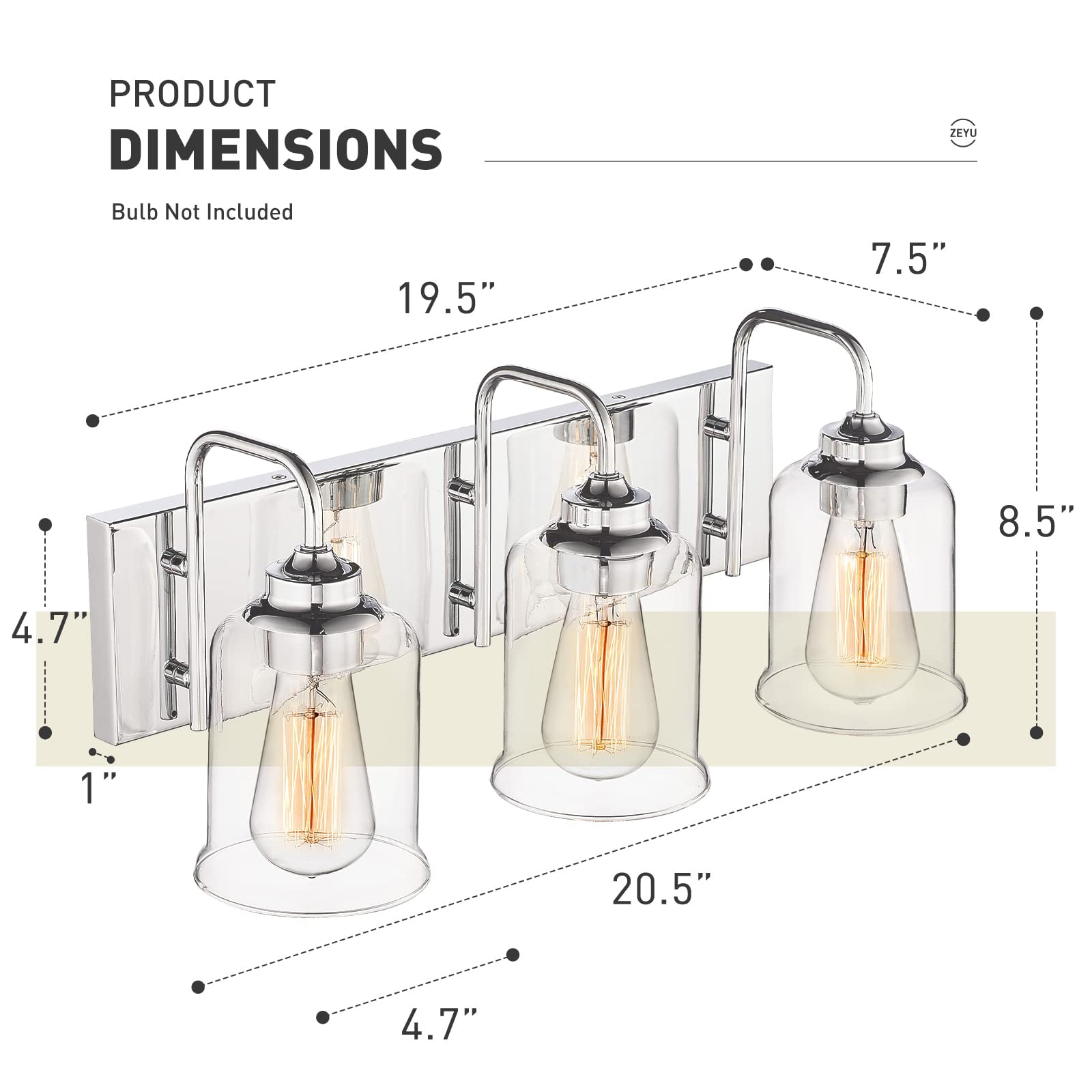 LTMATE JAZAVA 20.5-in 3 Light Chrome Industrial Bathroom Vanity light - Image 3