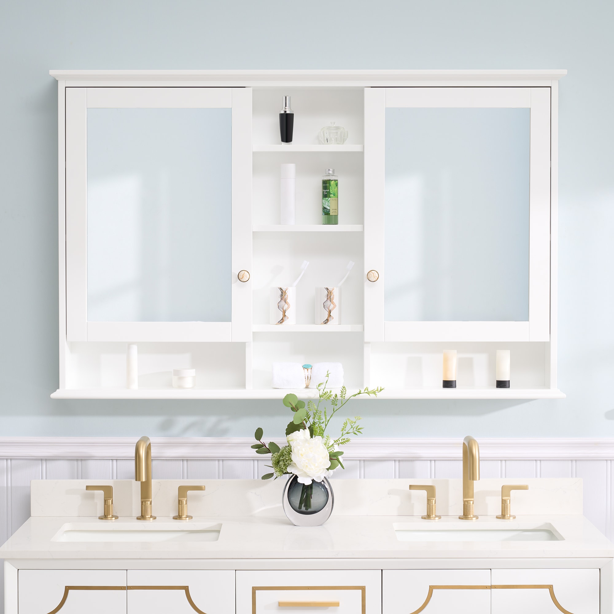 WELLFOR ART Solid Wood Medicine Cabinet 55-in x 35-in Surface Mount White Mirrored Rectangle Soft Close Medicine Cabinet