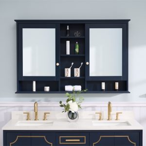 WELLFOR ART Solid Wood Medicine Cabinet 55-in x 35-in Surface Mount Navy Blue Mirrored Rectangle Soft Close Medicine Cabinet