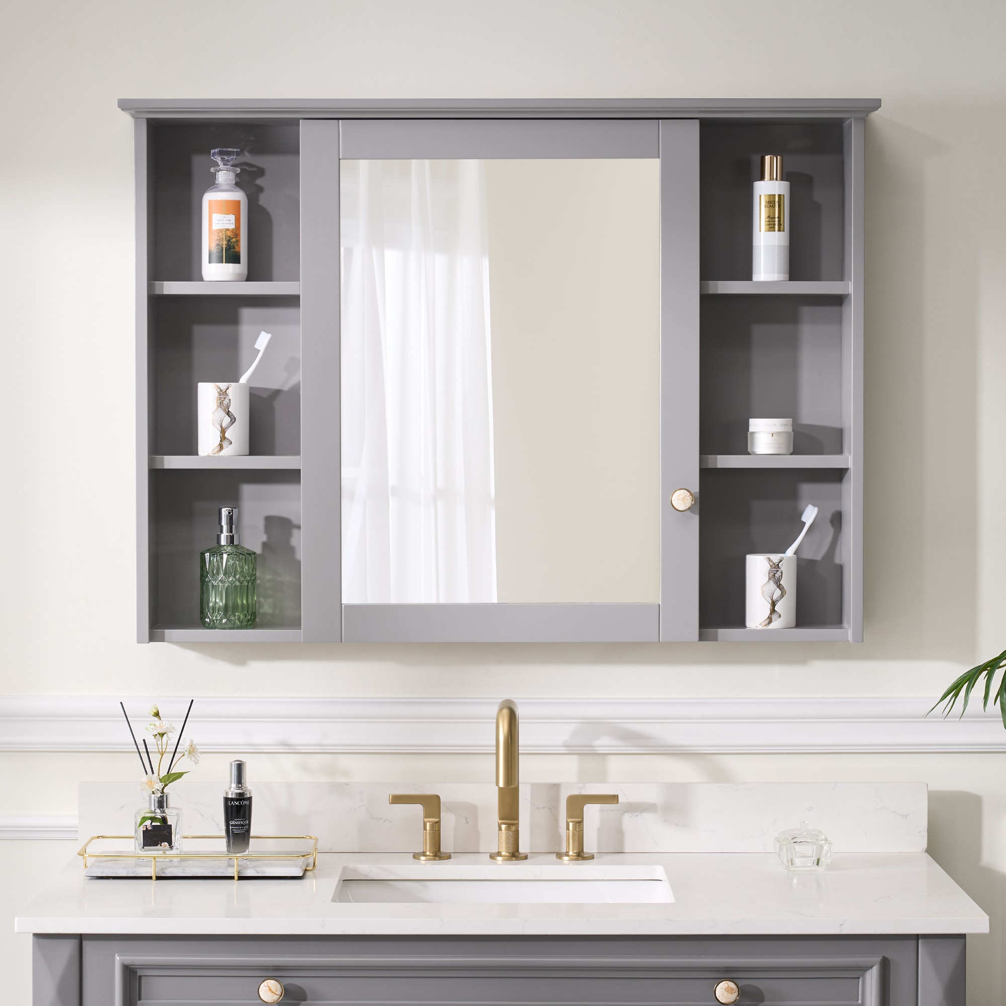WELLFOR ART Solid Wood Medicine Cabinet 42-in x 30-in Surface Mount Gray Mirrored Rectangle Soft Close Medicine Cabinet