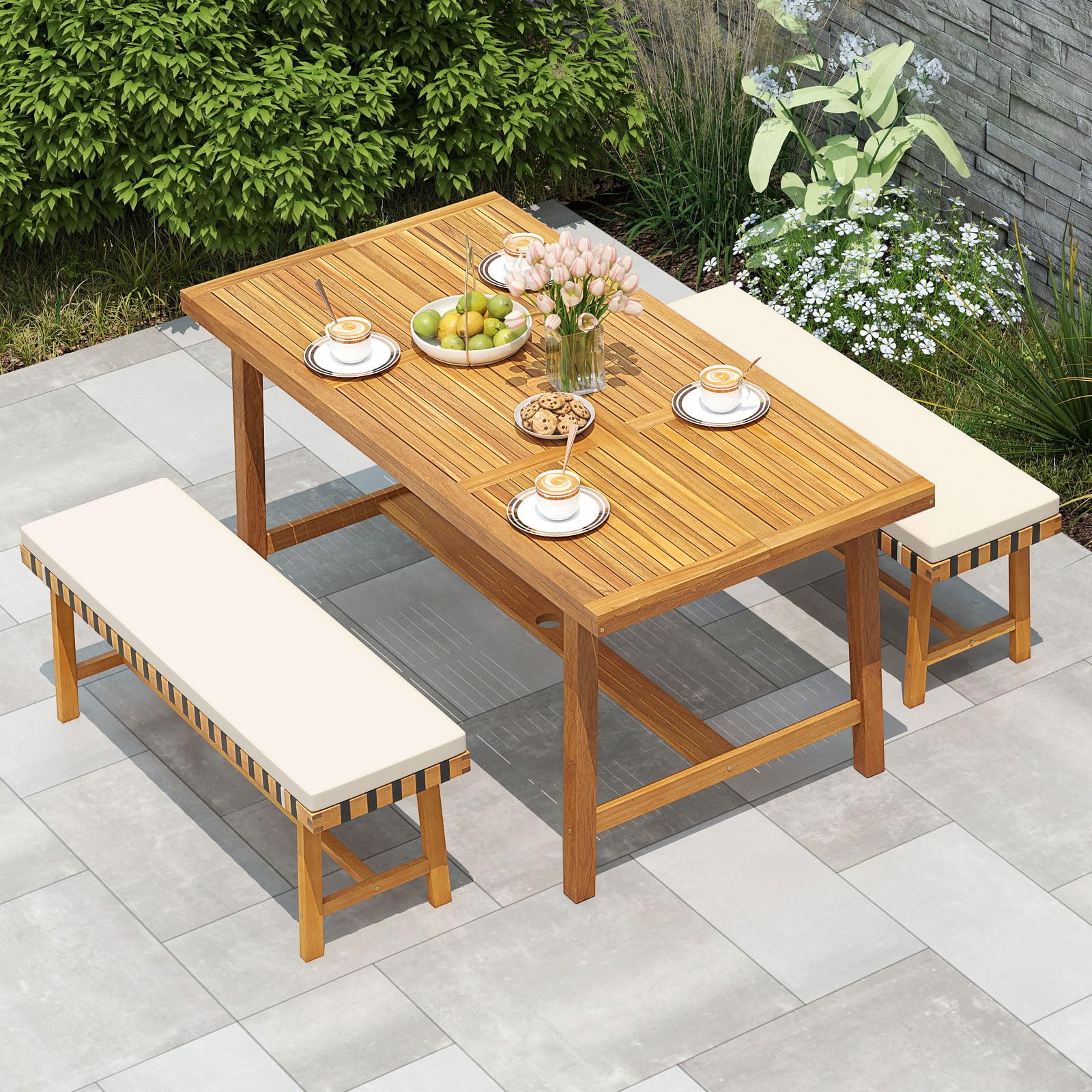 Tangkula 3 Piece Patio Dining Set 63” Outdoor Acacia Wood Rectangular Table with 2 Cushioned Bench - Image 2