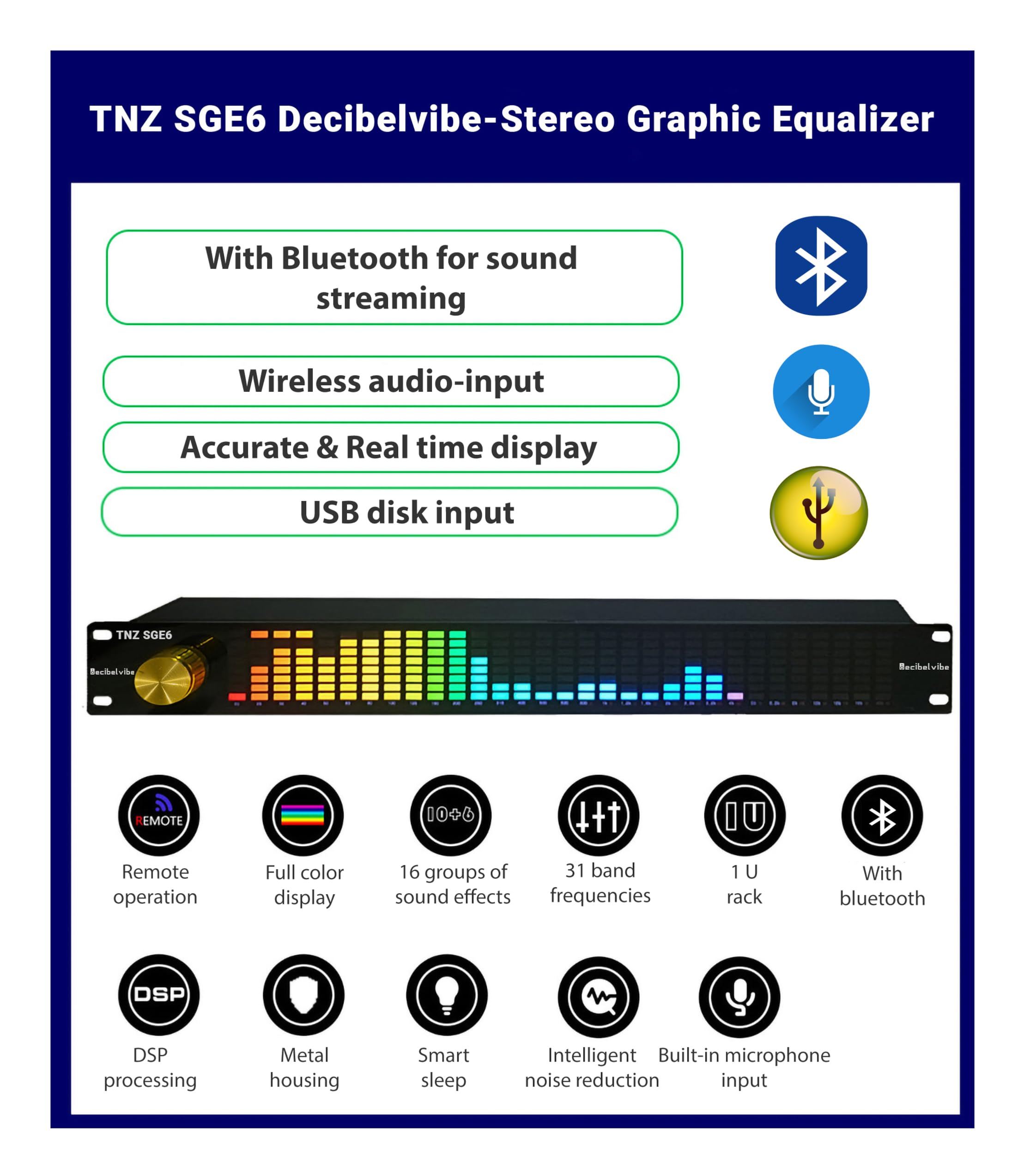 Decibelvibe TNZ SGE6 - Audio Graphic Equalizer with Rear RCA/3.5 Auxiliary Input and Output, Built-in Microphone, USB and Bluetooth Input, Preamp for Home Audio, DJ, HiFi Audio Setup (Gold) - Image 3