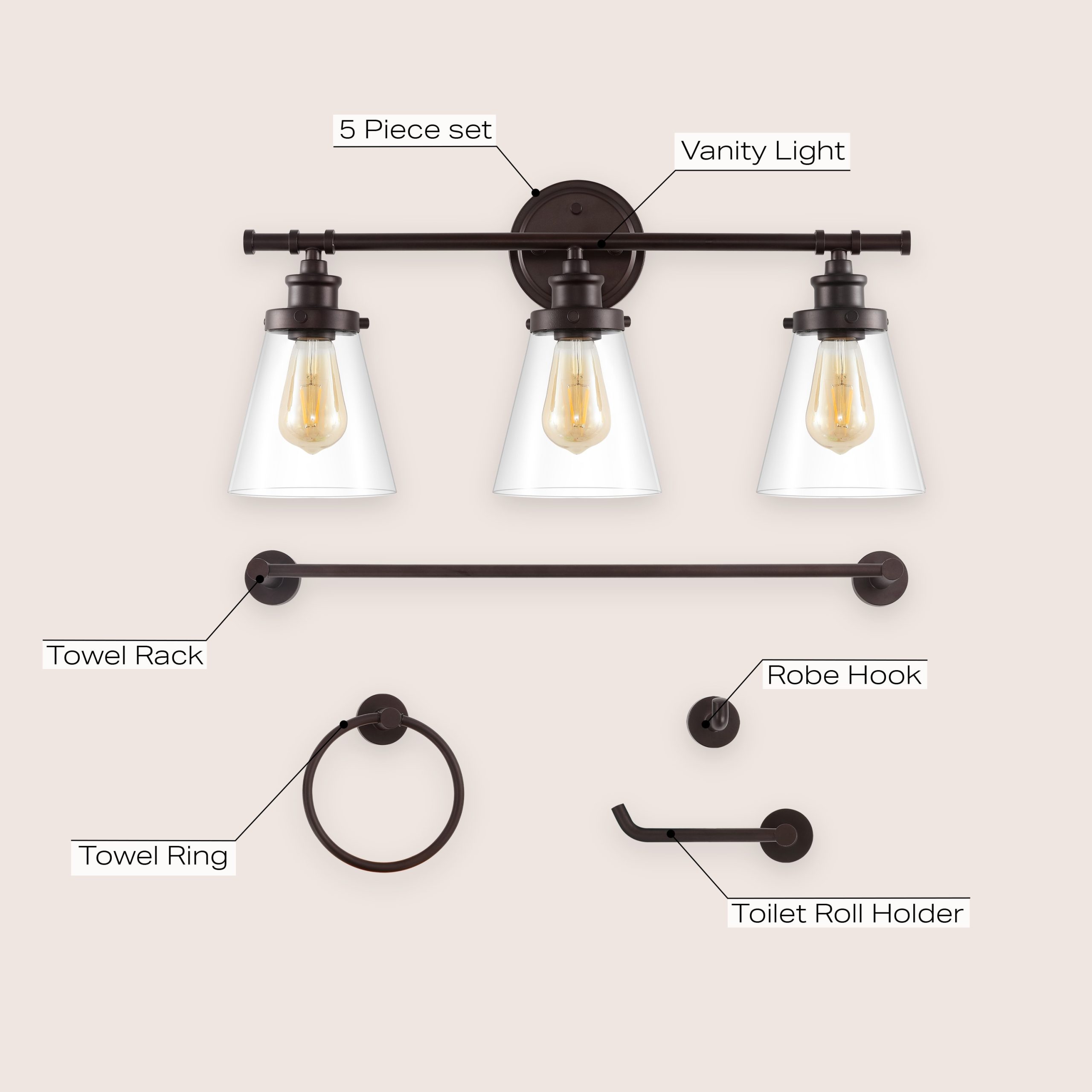 JONATHAN Y Hollis Traditional Farmhouse 5-Piece Vanity Light Set 23.75-in 3 Light Oil-rubbed Black Farmhouse Bathroom Vanity light - Image 4
