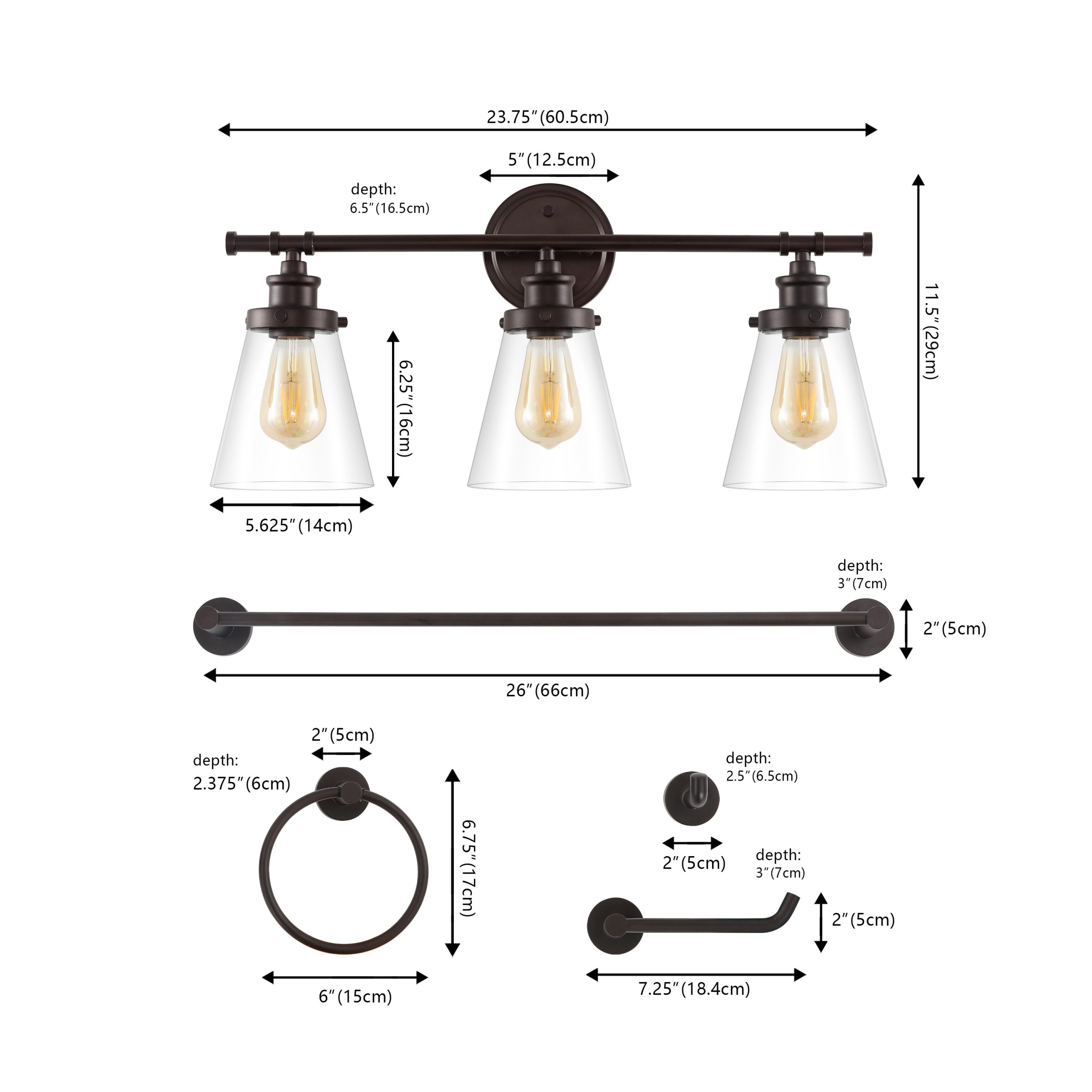 JONATHAN Y Hollis Traditional Farmhouse 5-Piece Vanity Light Set 23.75-in 3 Light Oil-rubbed Black Farmhouse Bathroom Vanity light - Image 5