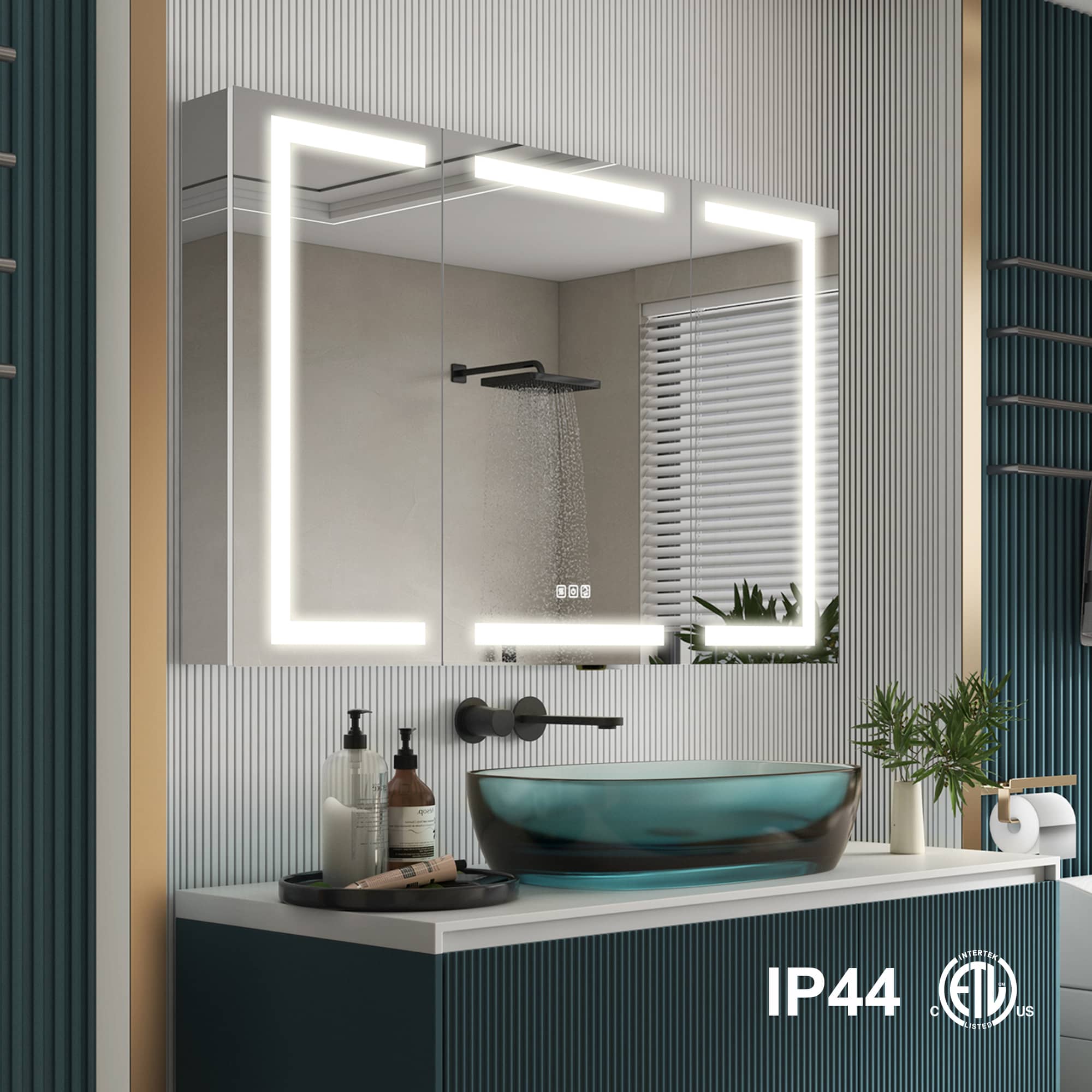 WELLFOR NIKA Medicine Cabinet 48-in x 30-in Lighted LED Fog Free Surface/Recessed Mount Silver Mirrored Rectangle Soft Close Medicine Cabinet with Outlet