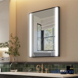 WELLFOR Meira LED Mirror 28-in x 36-in Framed Rectangle Dimmable LED Lighted Fog Free Bathroom Vanity Mirror ( Matte Black )