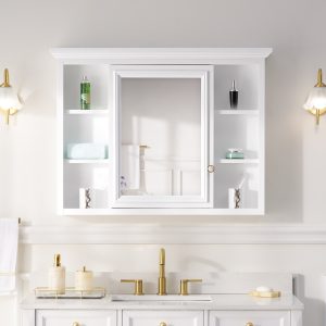WELLFOR GRACE Medicine Cabinet Solid Wood 40-in x 30-in Surface Mount White Mirrored Rectangle Soft Close Medicine Cabinet