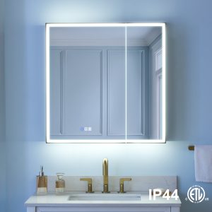WELLFOR AYLA Medicine Cabinet with Mirror 30-in x 30-in Lighted LED Fog Free Surface/Recessed Mount Black Square Soft Close Medicine Cabinet with Outlet