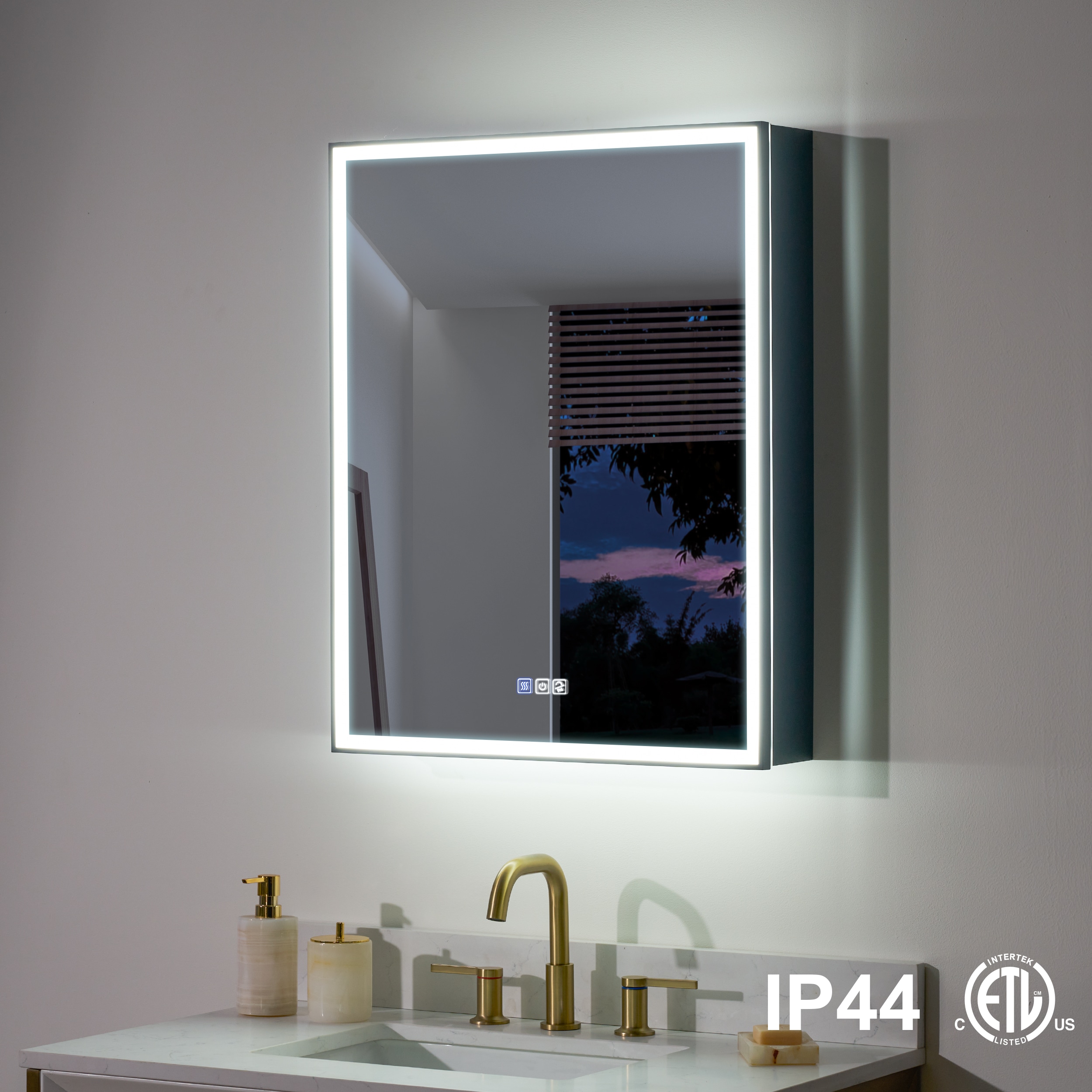 WELLFOR AYLA Medicine Cabinet 24-in x 30-in Lighted LED Fog Free Surface/Recessed Mount Black Rectangle Soft Close Medicine Cabinet with Outlet