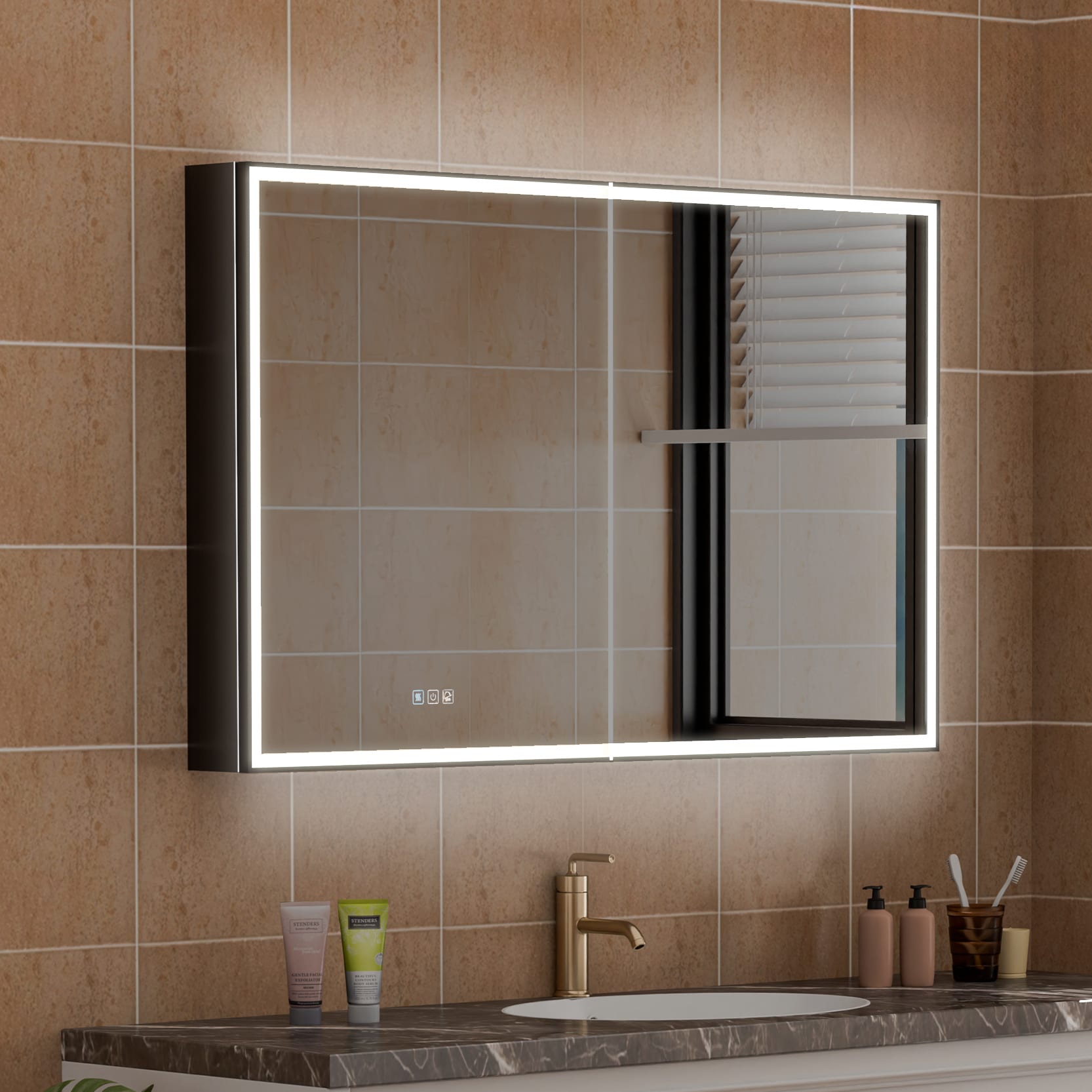 WELLFOR AYLA Medicine Cabinet 48-in x 30-in Lighted LED Fog Free Surface/Recessed Mount Black Mirrored Rectangle Soft Close Medicine Cabinet with Outlet