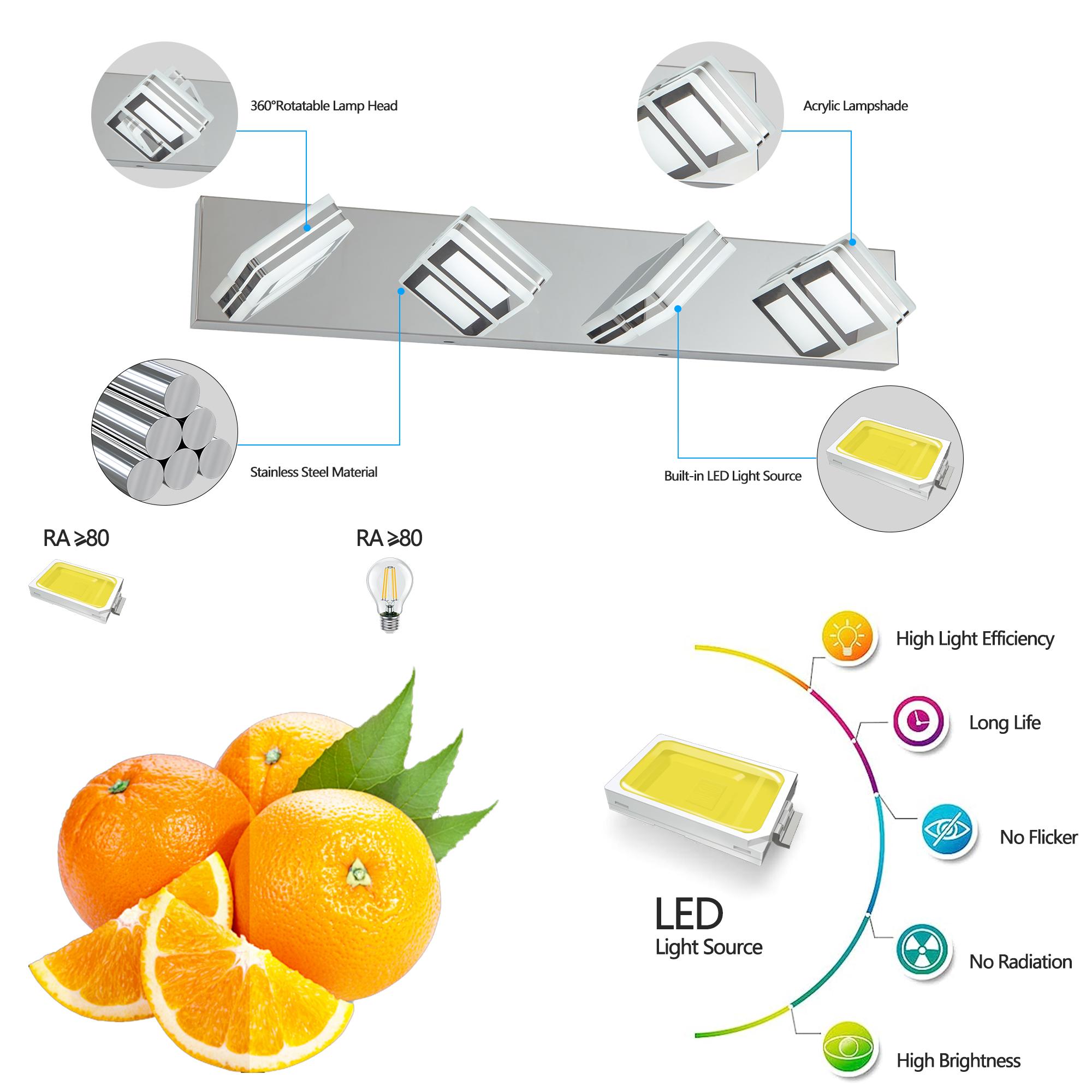 Bayfeve Rotatable LED Vanity Light 25.6-in 4 Light Gloss Chrome Integrated LED Modern/contemporary Bathroom Vanity light - Image 7