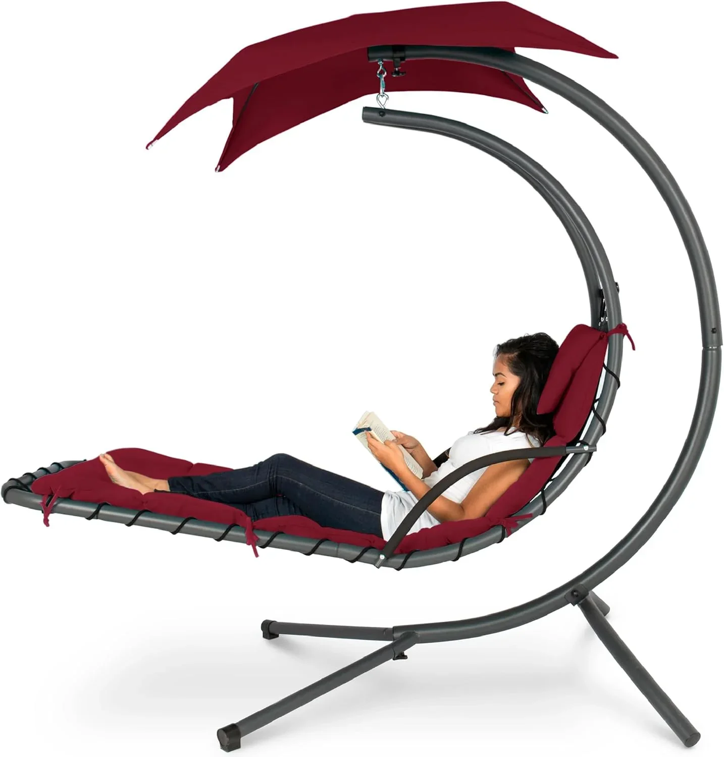 Best Choice Products Outdoor Hanging Curved Steel Chaise Lounge Chair Swing w/Built-in Pillow and Removable Canopy - Charcoal Gray - Image 13