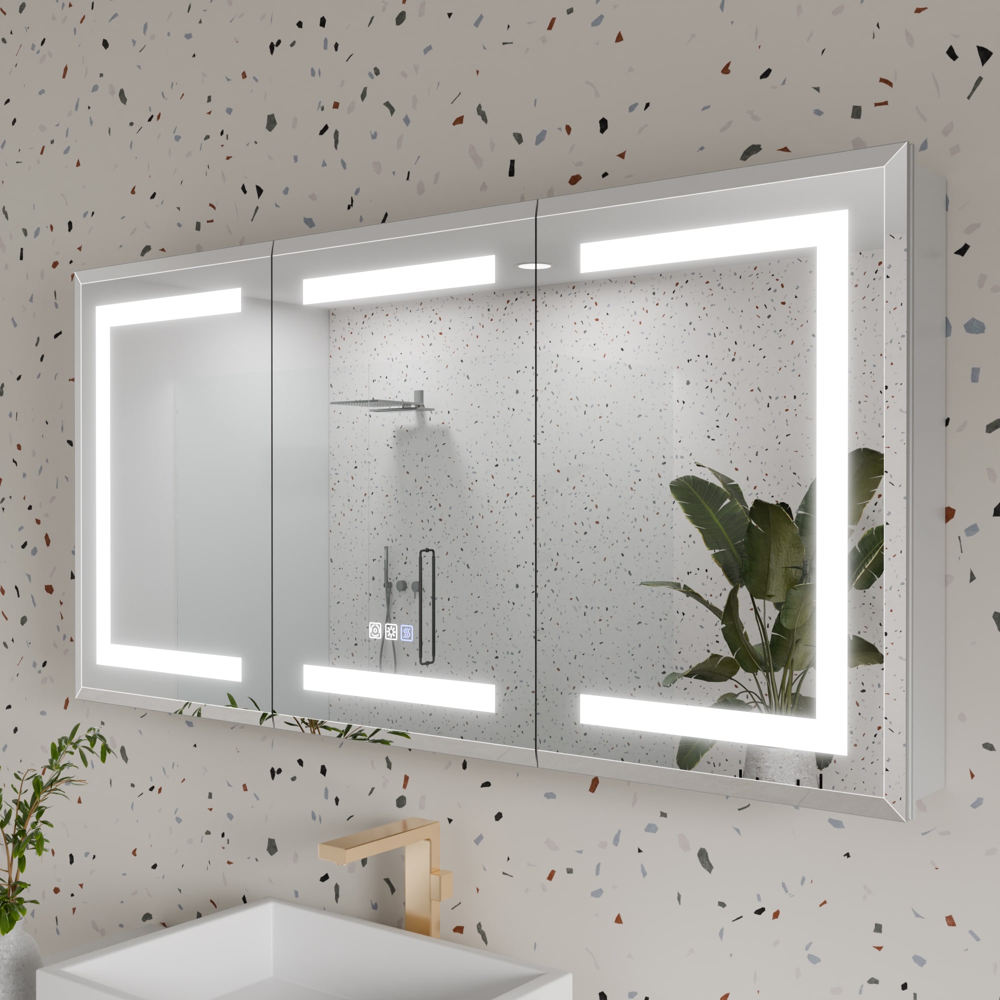 WELLFOR HH Beveled LED Lighted Medicine Cabinet 48-in x 24-in Lighted LED Fog Free Surface/Recessed Mount Silver Mirrored Rectangle Soft Close Medicine Cabinet