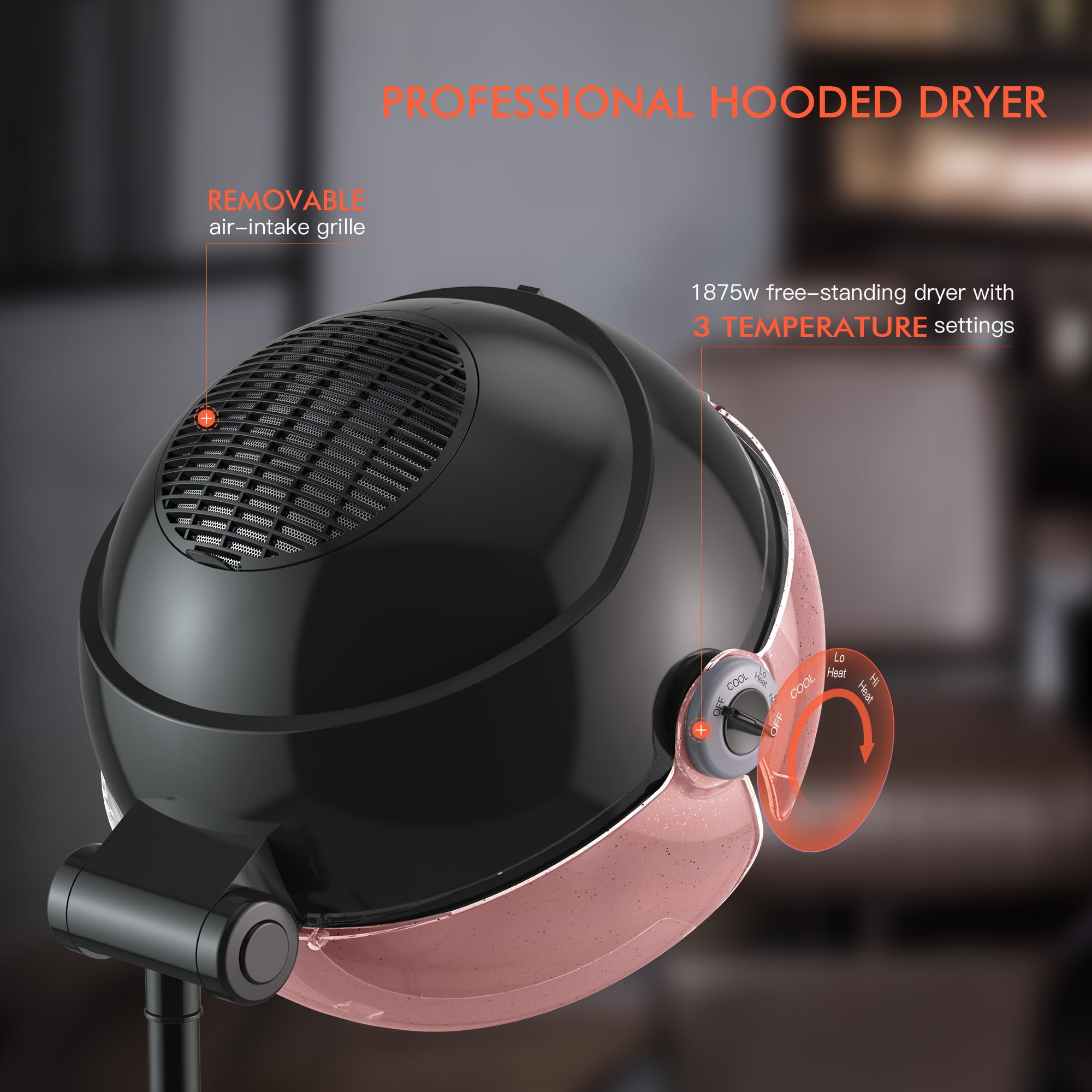 TASALON Ionic Hooded Hair Dryer, 1875W Hooded Hair Dryer for Home, Pink Standing Hair Dryer Bonnet with 3 Temperature Settings, Height Adjustable Salon Hair Dryer, Sit Under Hair Dryer for Home Product gallery - Image 3