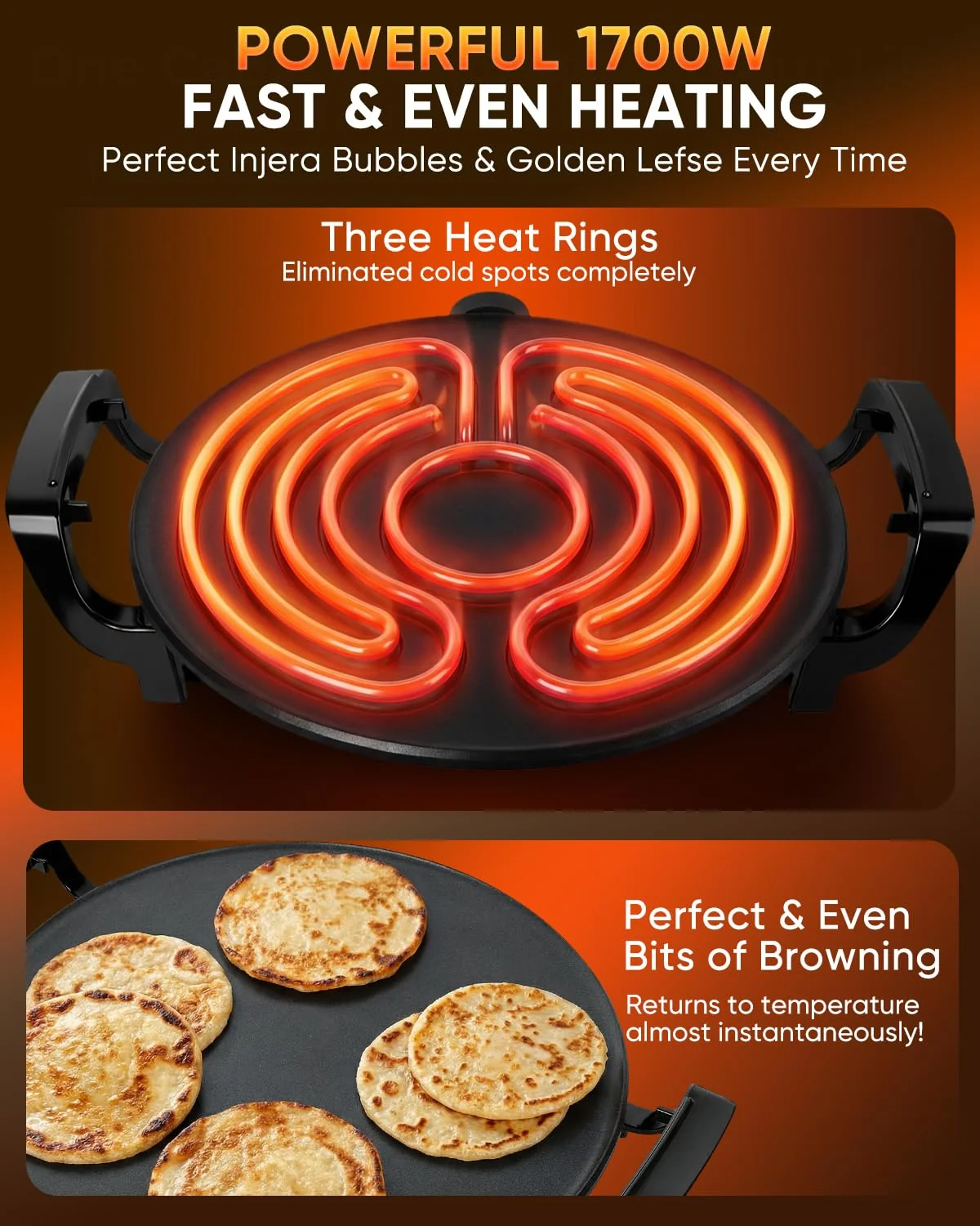 Ethiopian 18.5" Injera Maker Mitad (Mogogo), Electric Griddle with Adjustable Temperature & Time, Non-Stick Surface for Norwegian Lefse, Swedish Pancake, Indian Dosa, Digital Handle - Image 4