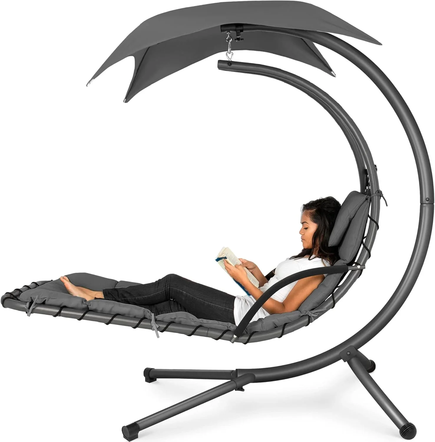 Best Choice Products Outdoor Hanging Curved Steel Chaise Lounge Chair Swing w/Built-in Pillow and Removable Canopy - Charcoal Gray - Image 16