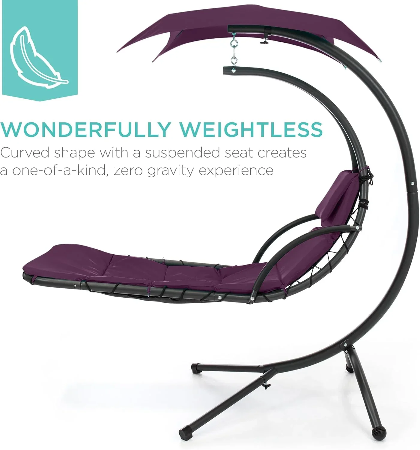 Best Choice Products Outdoor Hanging Curved Steel Chaise Lounge Chair Swing w/Built-in Pillow and Removable Canopy - Charcoal Gray - Image 65