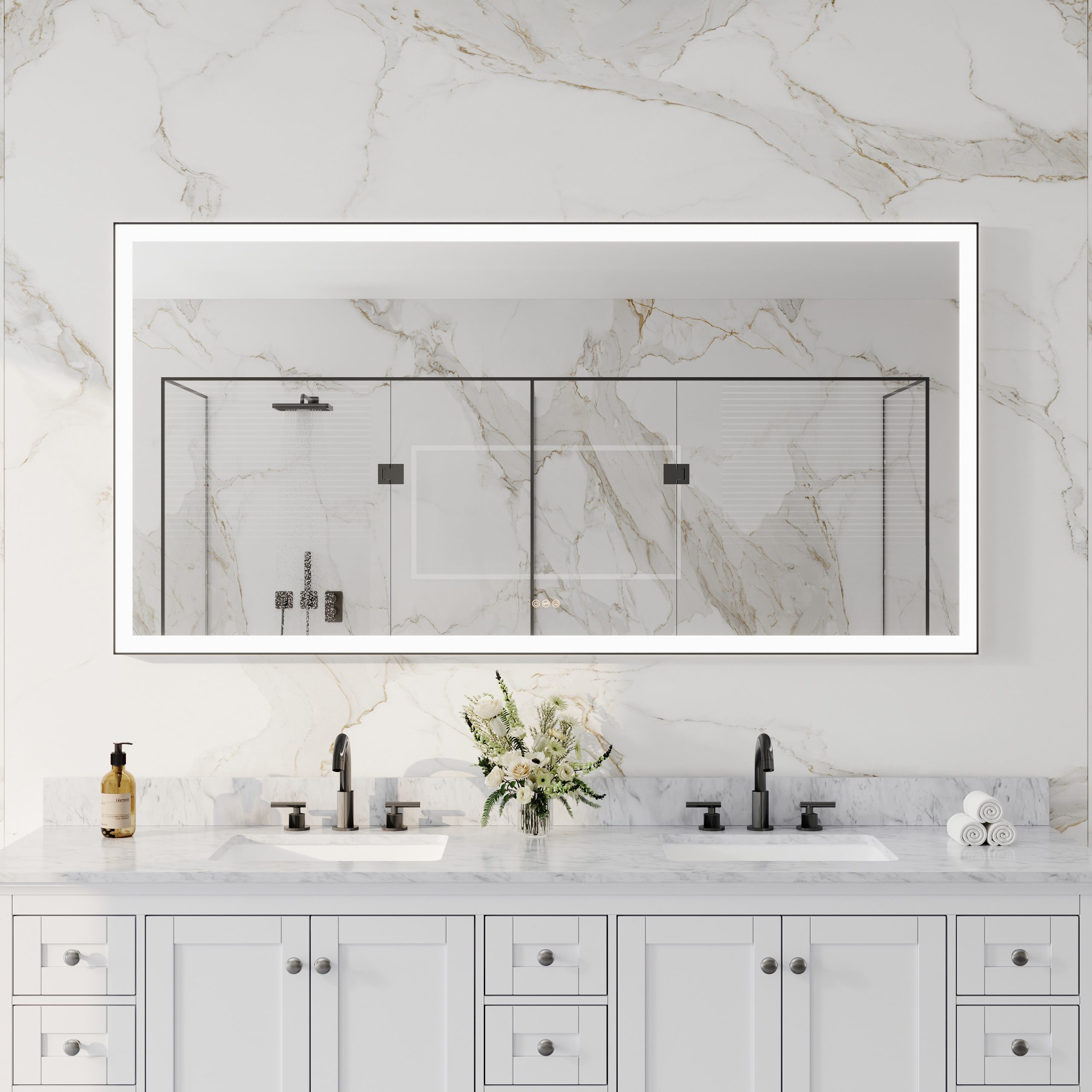 CALVON LED Mirror 72-in x 36-in Framed Rectangle Dimmable LED Lighted Fog Free Bathroom Vanity Mirror ( Matte Black ) - Image 3