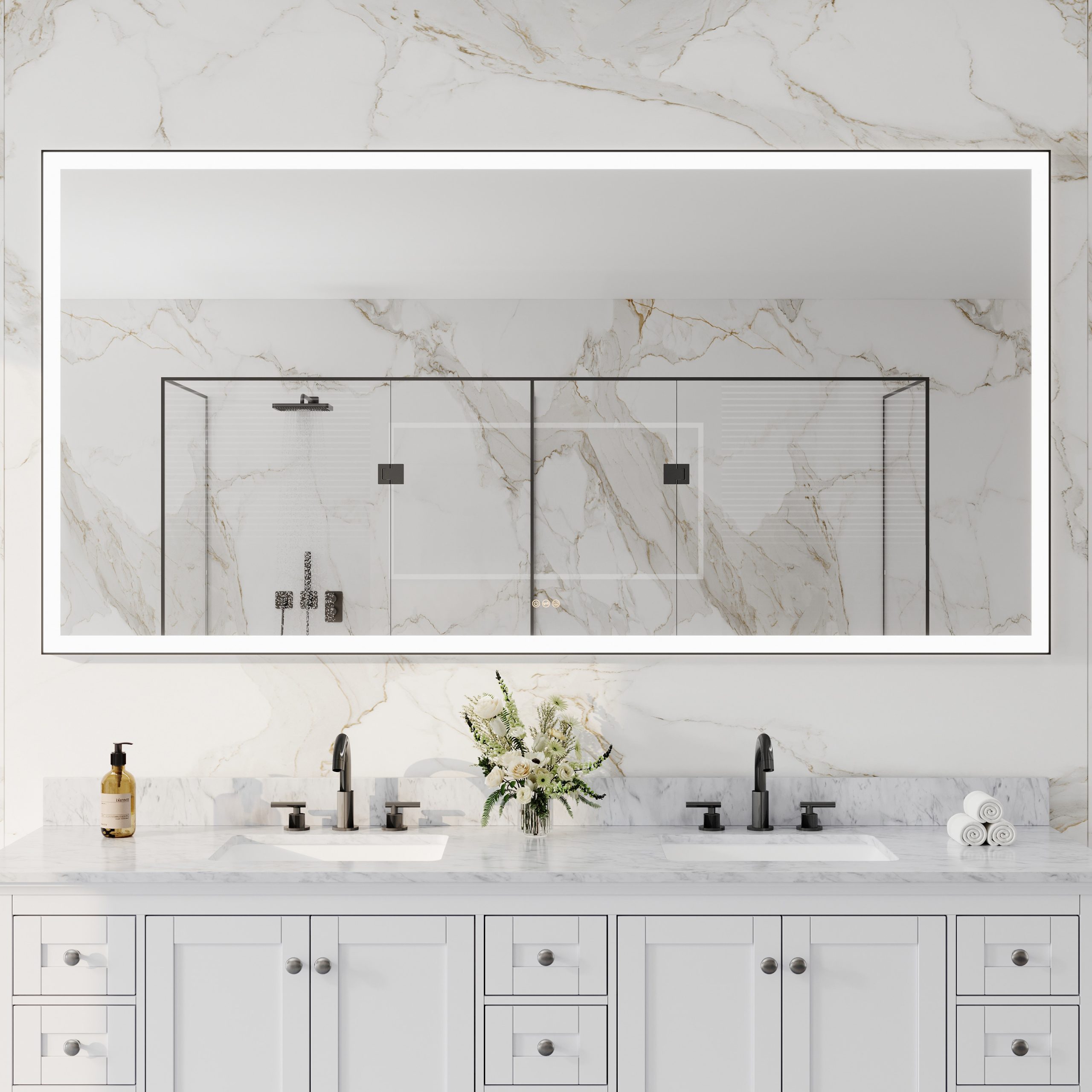 CALVON LED Mirror 84-in x 42-in Framed Rectangle Dimmable LED Lighted Fog Free Bathroom Vanity Mirror ( Matte Black ) - Image 2