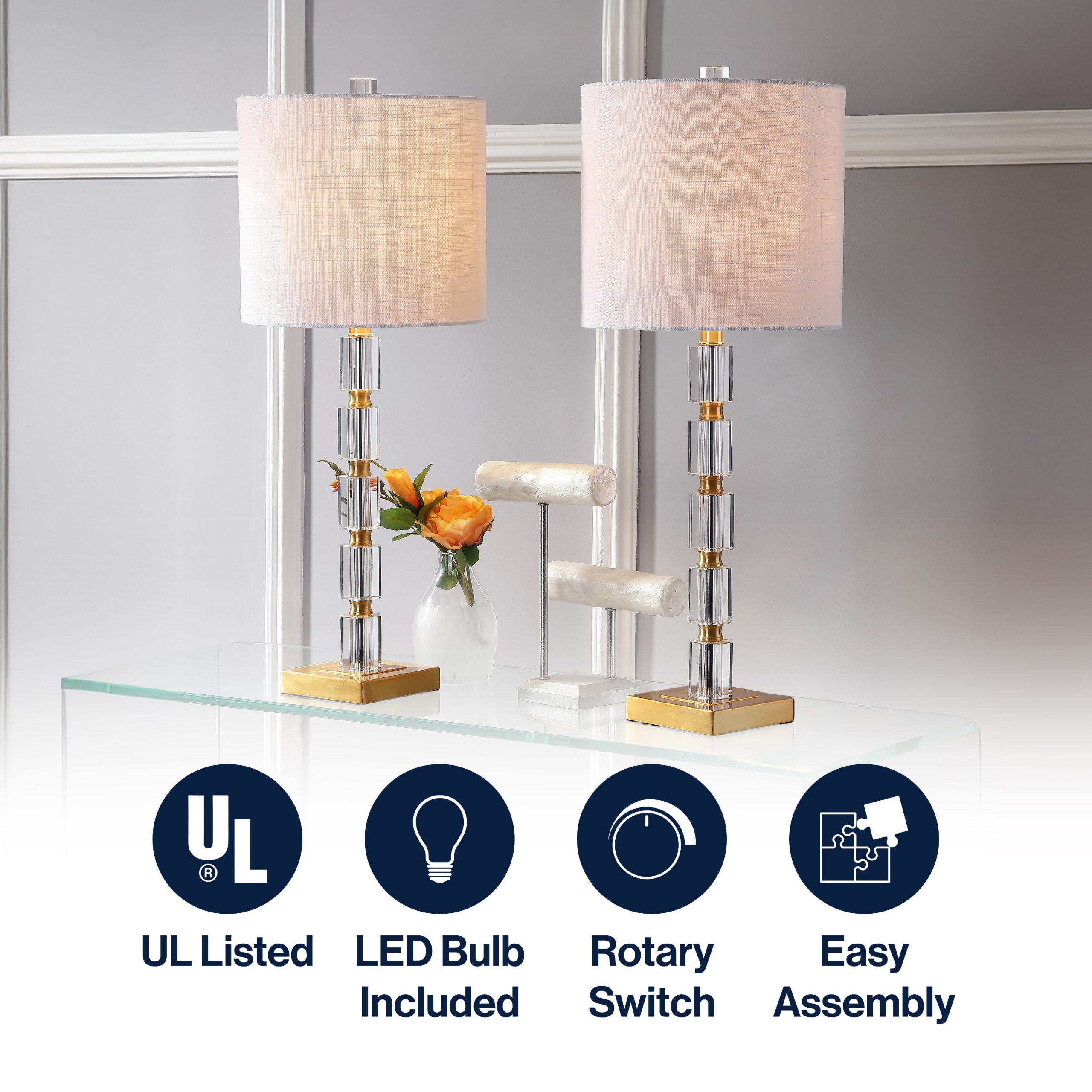 JONATHAN Y Claire Crystal Glam 28.5-in Brass Gold LED Rotary socket Table Lamp with Linen Shade ( Set of 2 ) - Image 3