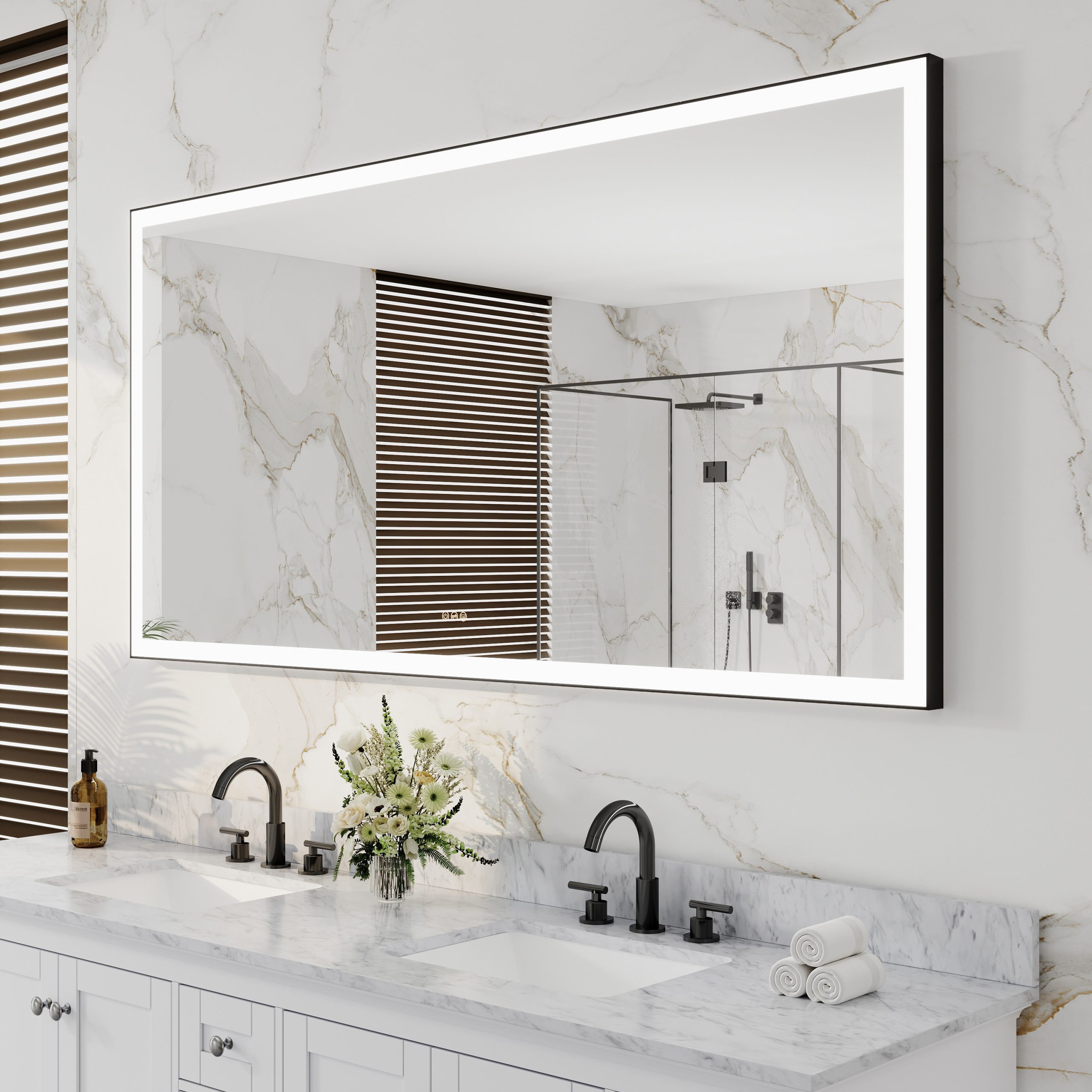 CALVON LED Mirror 72-in x 36-in Framed Rectangle Dimmable LED Lighted Fog Free Bathroom Vanity Mirror ( Matte Black ) - Image 2