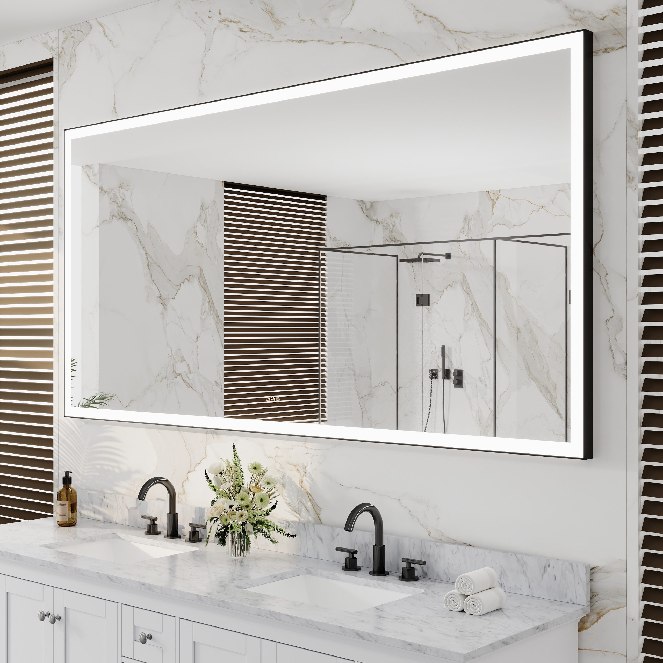CALVON LED Mirror 84-in x 42-in Framed Rectangle Dimmable LED Lighted Fog Free Bathroom Vanity Mirror ( Matte Black ) - Image 10