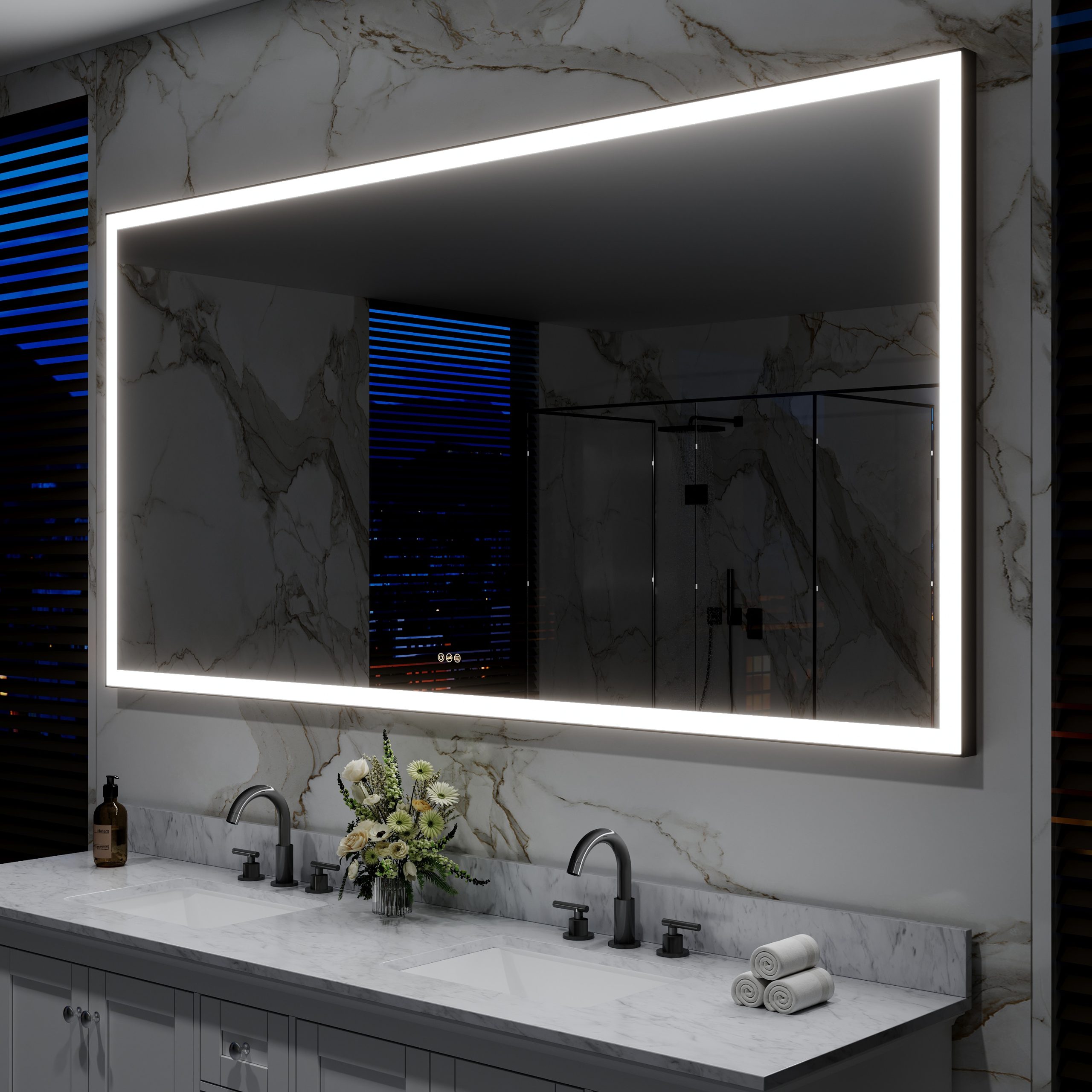 CALVON LED Mirror 84-in x 42-in Framed Rectangle Dimmable LED Lighted Fog Free Bathroom Vanity Mirror ( Matte Black )