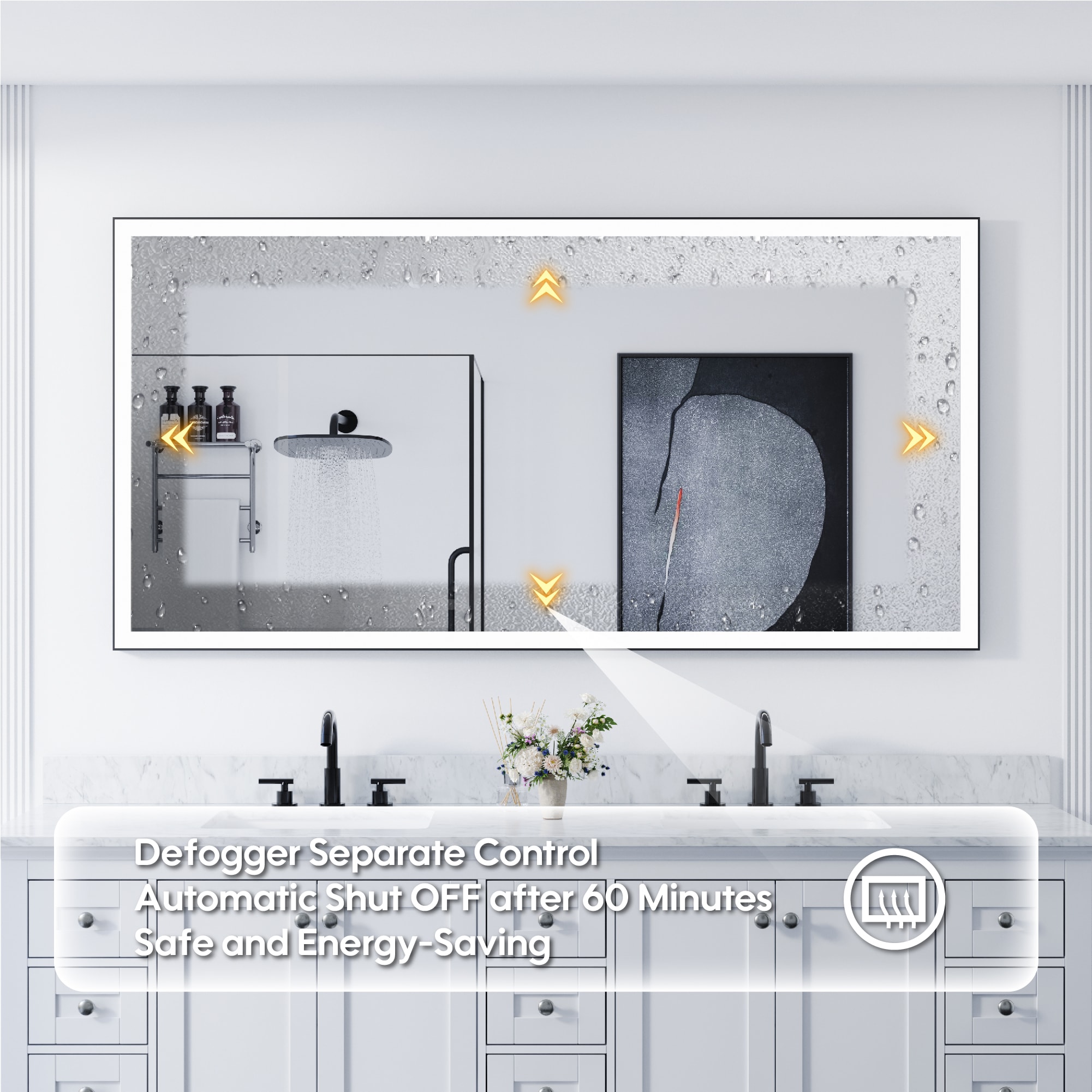 CALVON LED Mirror 72-in x 36-in Framed Rectangle Dimmable LED Lighted Fog Free Bathroom Vanity Mirror ( Matte Black ) - Image 5