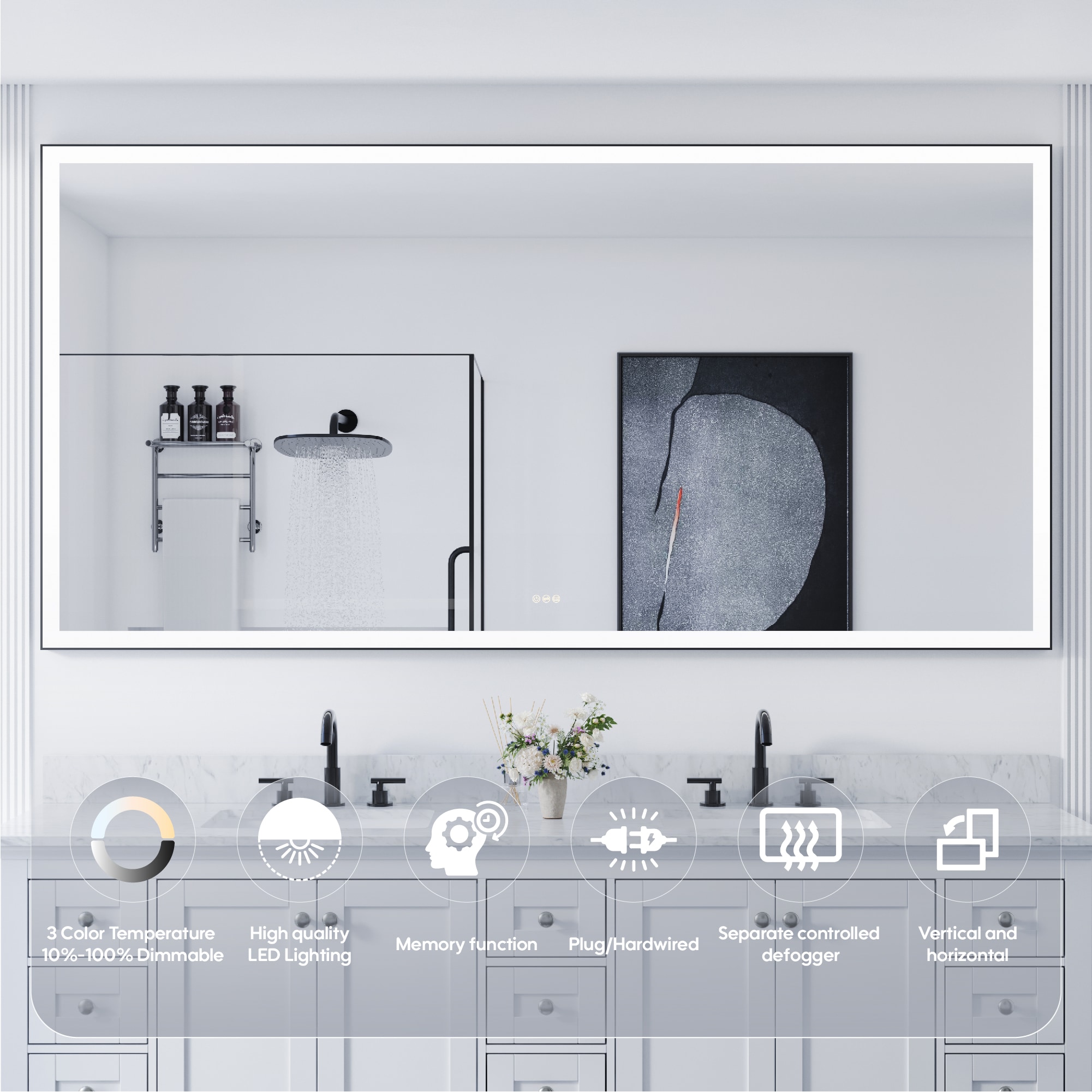 CALVON LED Mirror 84-in x 42-in Framed Rectangle Dimmable LED Lighted Fog Free Bathroom Vanity Mirror ( Matte Black ) - Image 4
