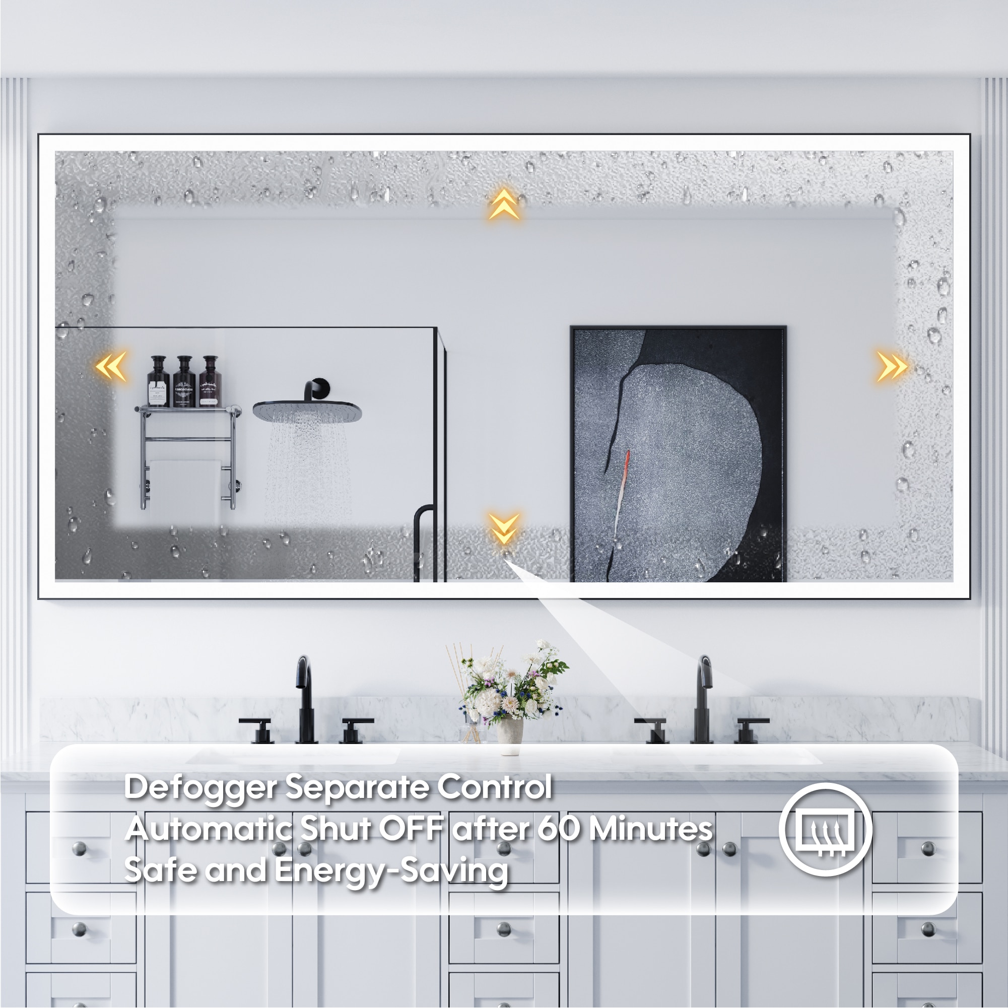 CALVON LED Mirror 84-in x 42-in Framed Rectangle Dimmable LED Lighted Fog Free Bathroom Vanity Mirror ( Matte Black ) - Image 5