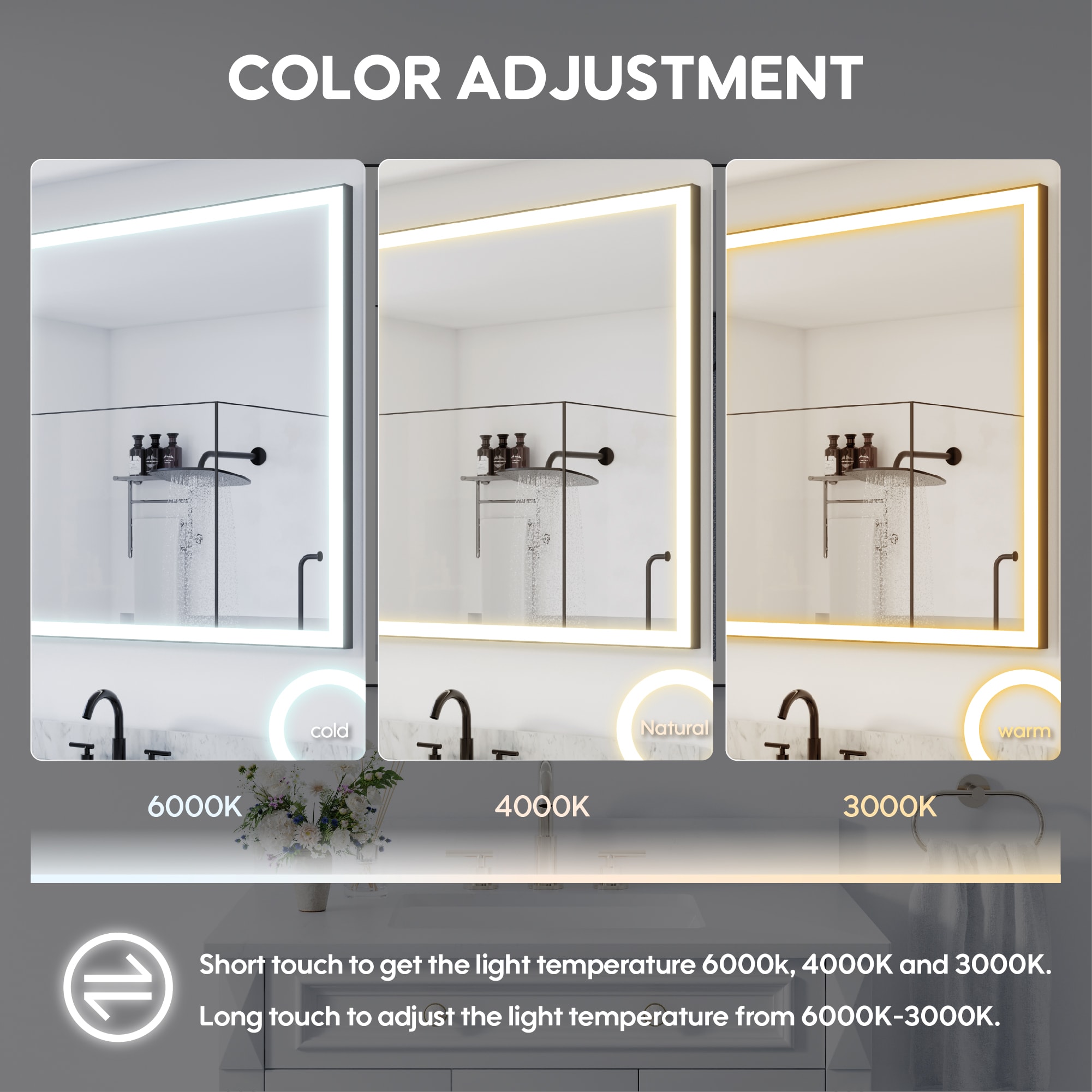 CALVON LED Mirror 84-in x 42-in Framed Rectangle Dimmable LED Lighted Fog Free Bathroom Vanity Mirror ( Matte Black ) - Image 6