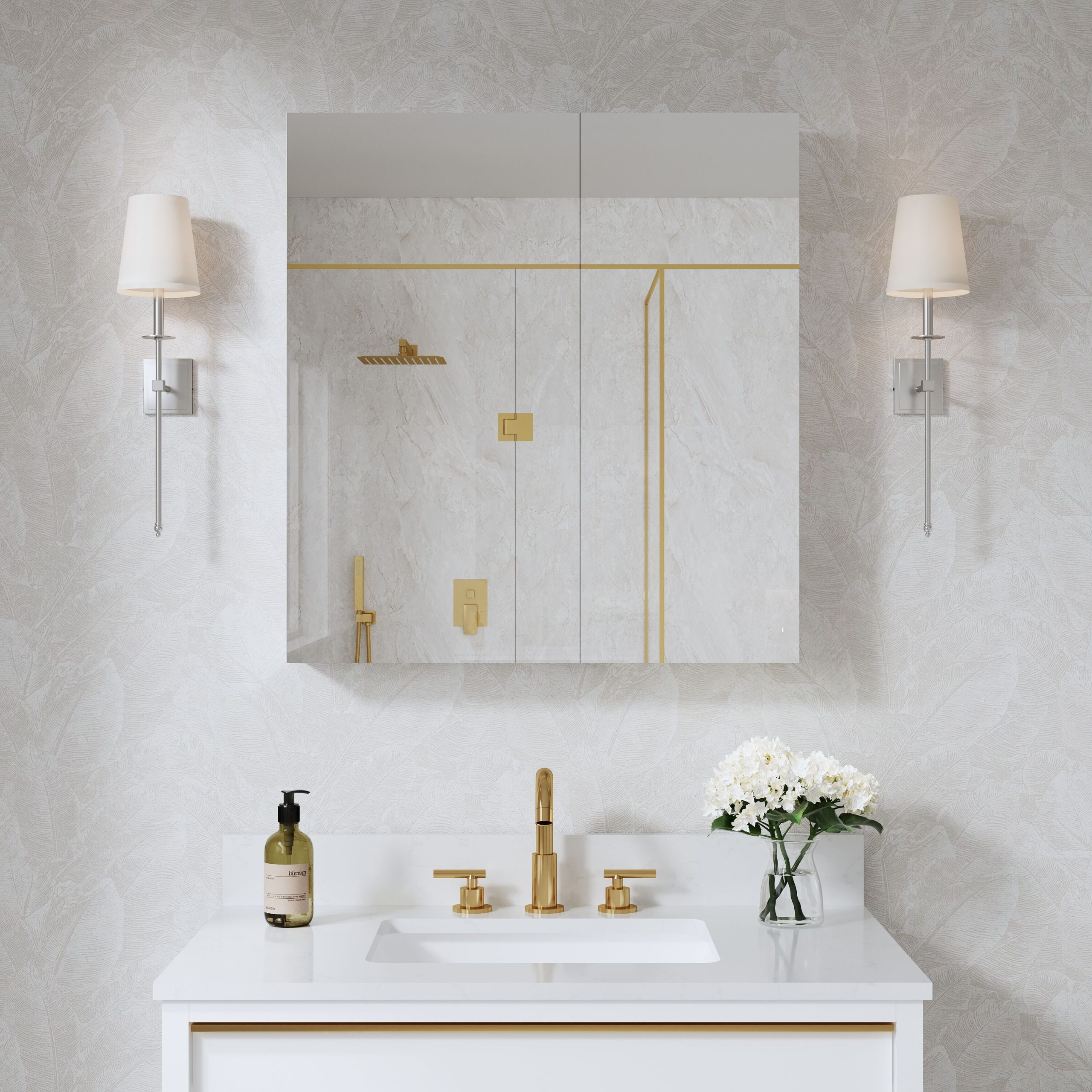 WELLFOR Ravo Medicine Cabinets 28-in x 30-in Surface/Recessed Mount Silver Mirrored Rectangle Soft Close Medicine Cabinet