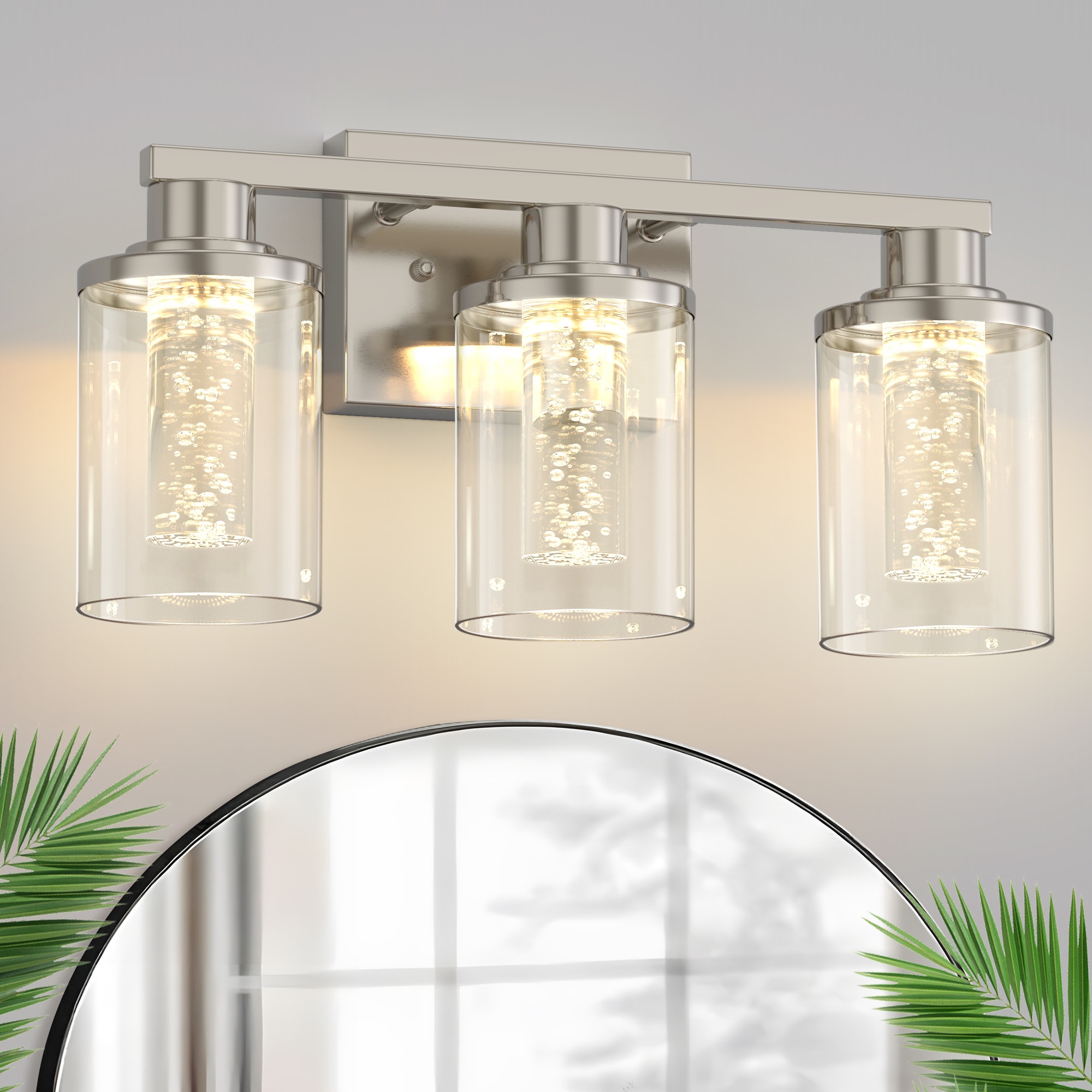 DORESshop 3 Light Brushed Nickel LED Bathroom Vanity Light with Clear Glass Crystal Shade Dimmable 5CCT Remote Control Wall Sconce for Living Room Hallway