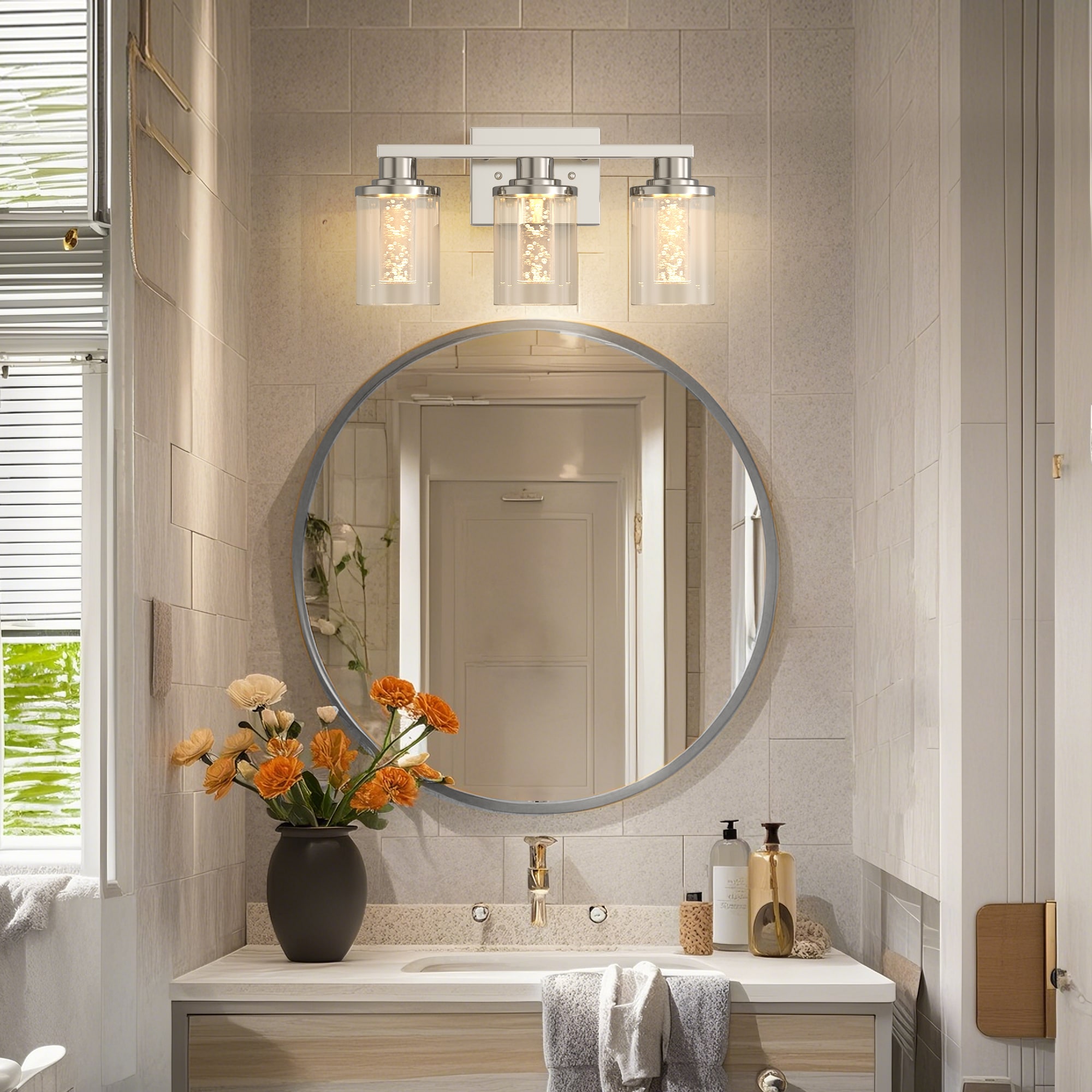 DORESshop 3 Light Brushed Nickel LED Bathroom Vanity Light with Clear Glass Crystal Shade Dimmable 5CCT Remote Control Wall Sconce for Living Room Hallway - Image 2