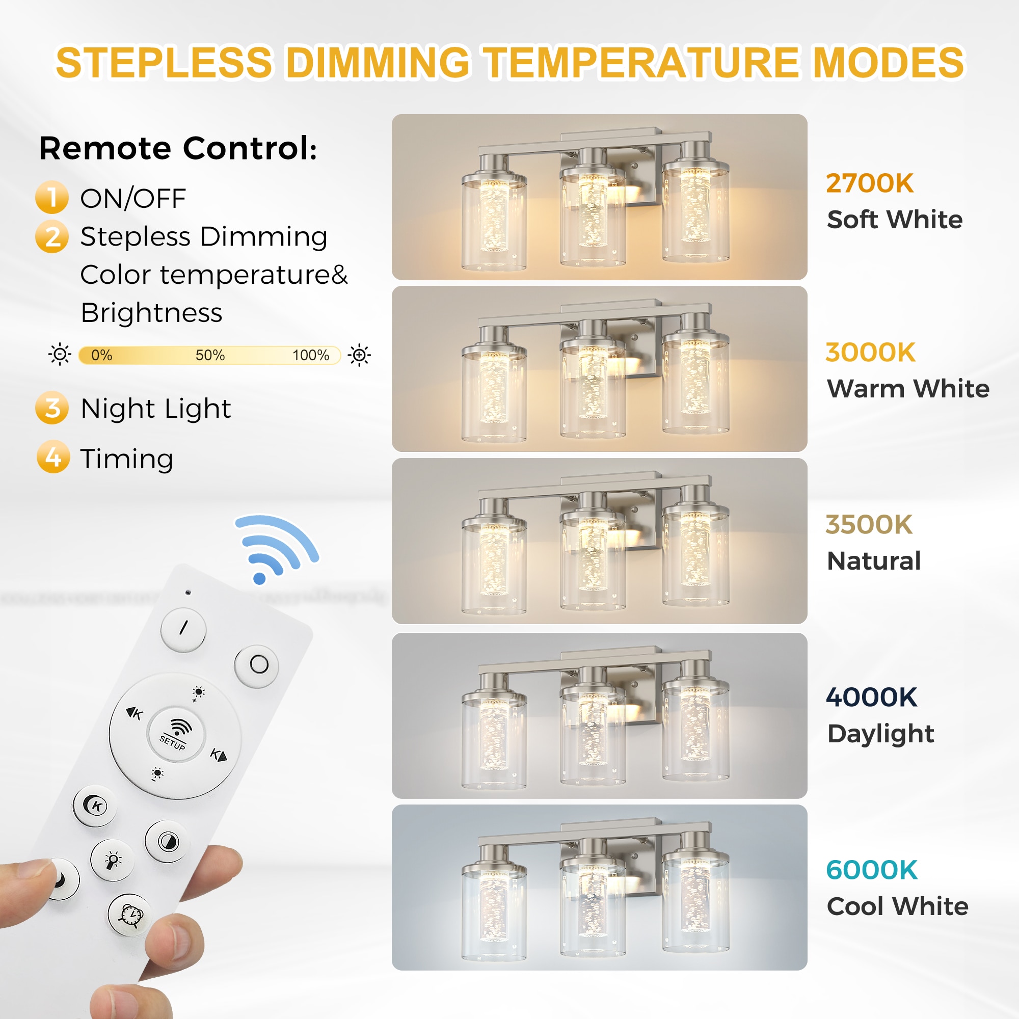 DORESshop 3 Light Brushed Nickel LED Bathroom Vanity Light with Clear Glass Crystal Shade Dimmable 5CCT Remote Control Wall Sconce for Living Room Hallway - Image 4