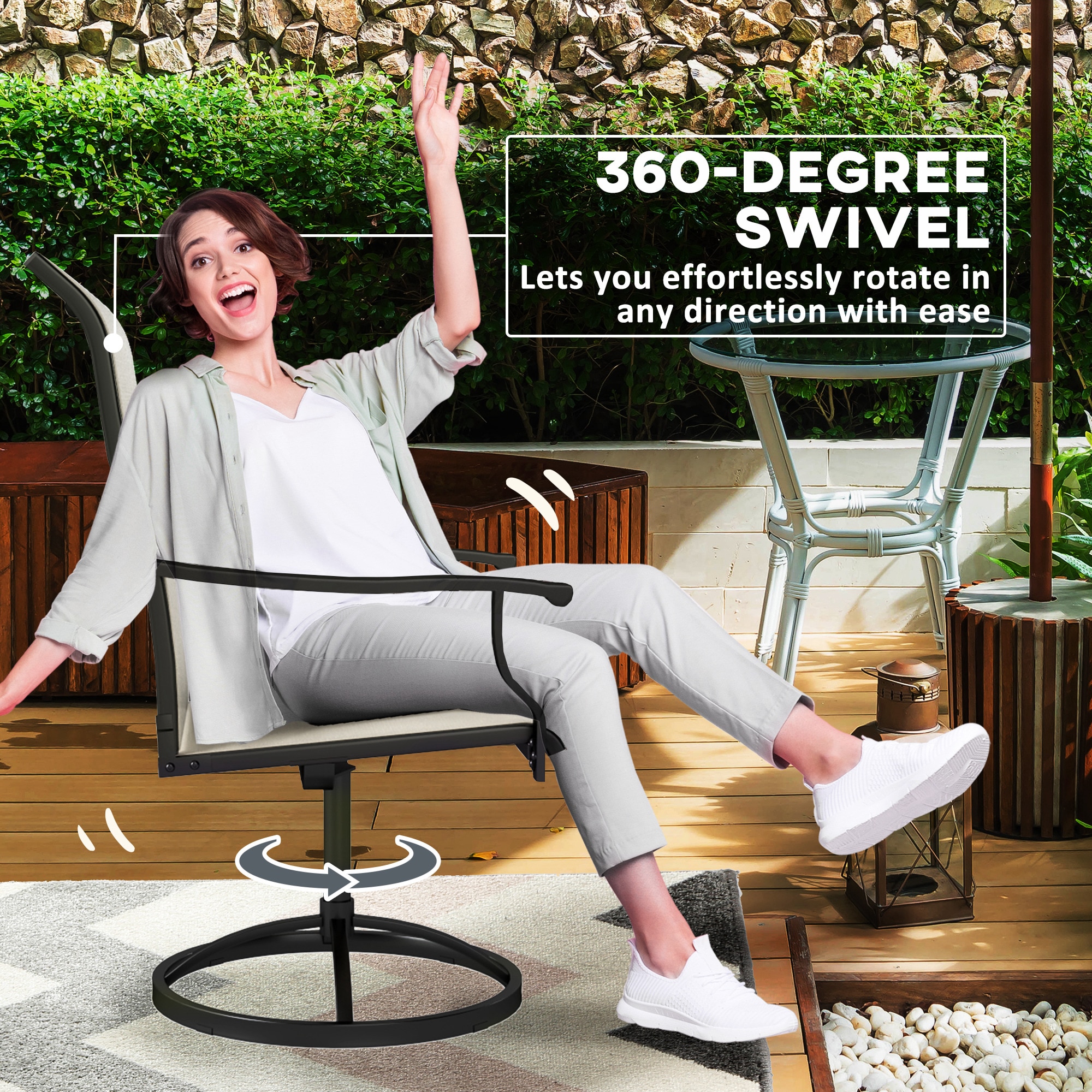 Outsunny Patio Swivel Chairs Set of 2 High Back Patio Dining Chairs with All-Weather Mesh Fabric and Metal Frame for Backyard Porch or Garden Beige - Image 4