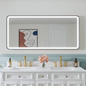 WELLFOR BONIE LED Mirror 60-in x 28-in Framed Rectangle Dimmable LED Lighted Fog Free Bathroom Vanity Mirror ( Matte Black )