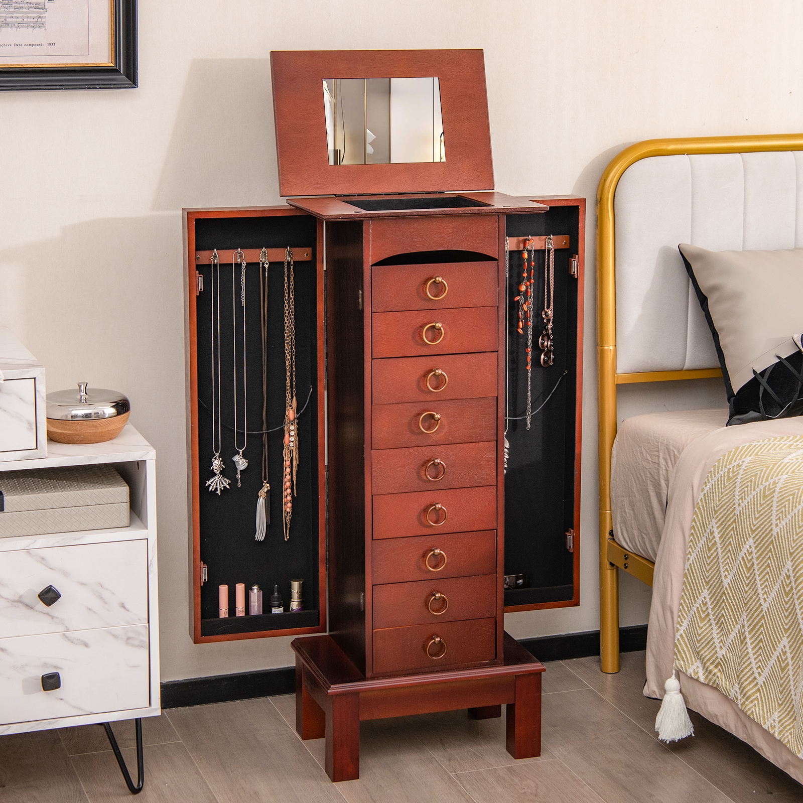 Slickblue Walnut Freestanding Jewelry Cabinet Flip-Top Vanity Mirror 9 Drawers Necklace Hooks Multiple Compartments Jewelry and Accessory Storage - Image 2