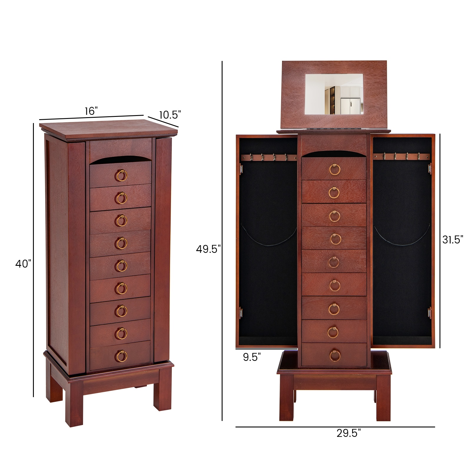 Slickblue Walnut Freestanding Jewelry Cabinet Flip-Top Vanity Mirror 9 Drawers Necklace Hooks Multiple Compartments Jewelry and Accessory Storage - Image 4