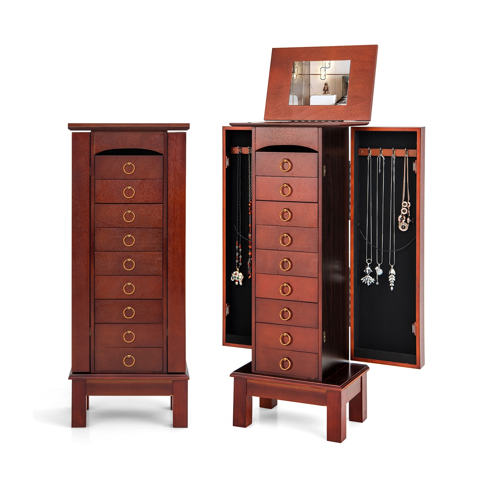 Slickblue Walnut Freestanding Jewelry Cabinet Flip-Top Vanity Mirror 9 Drawers Necklace Hooks Multiple Compartments Jewelry and Accessory Storage - Image 5