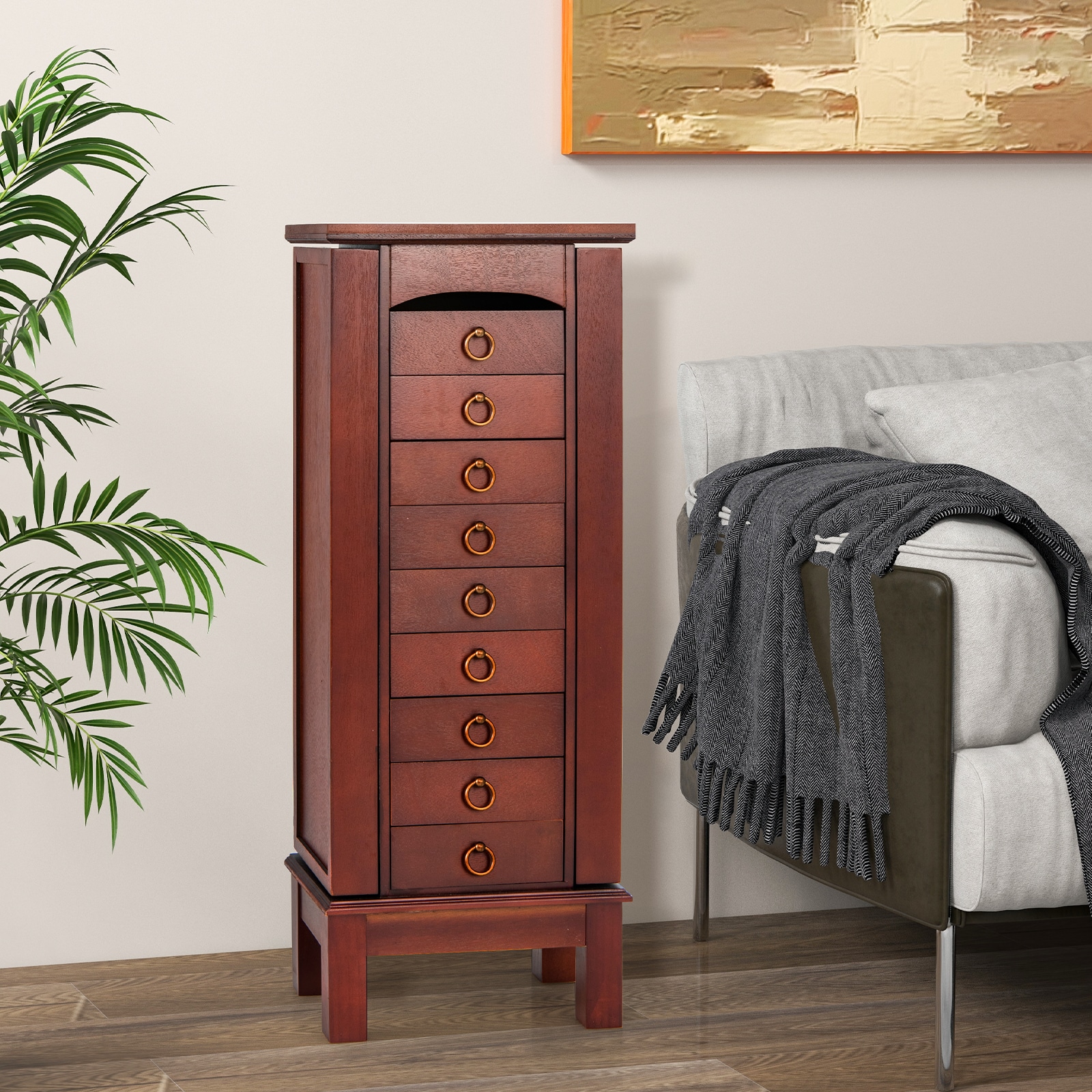 Slickblue Walnut Freestanding Jewelry Cabinet Flip-Top Vanity Mirror 9 Drawers Necklace Hooks Multiple Compartments Jewelry and Accessory Storage - Image 7