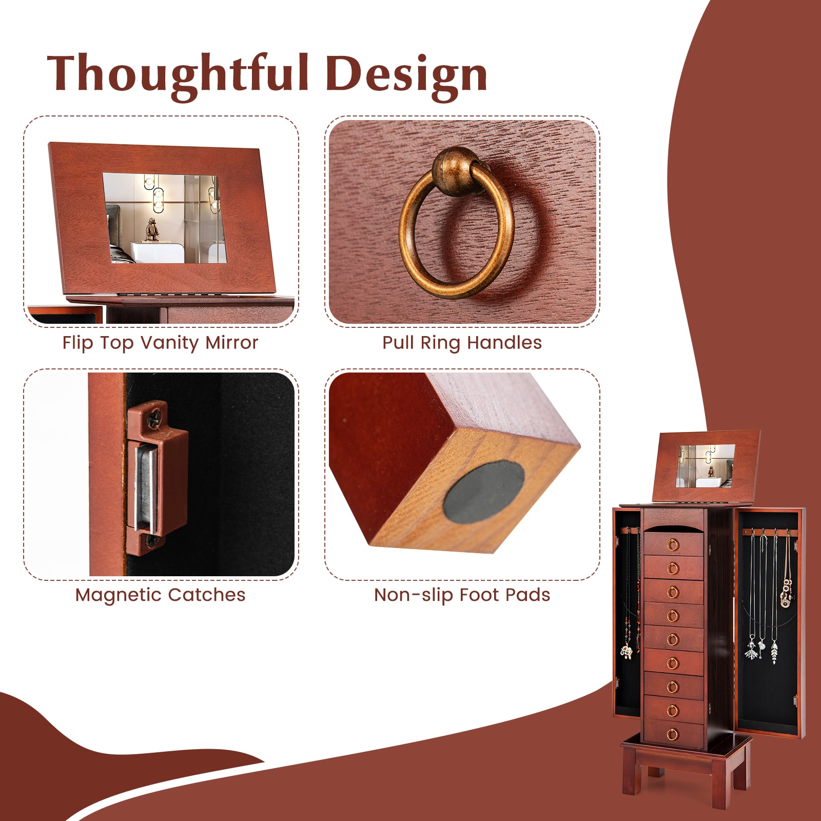 Slickblue Walnut Freestanding Jewelry Cabinet Flip-Top Vanity Mirror 9 Drawers Necklace Hooks Multiple Compartments Jewelry and Accessory Storage - Image 8