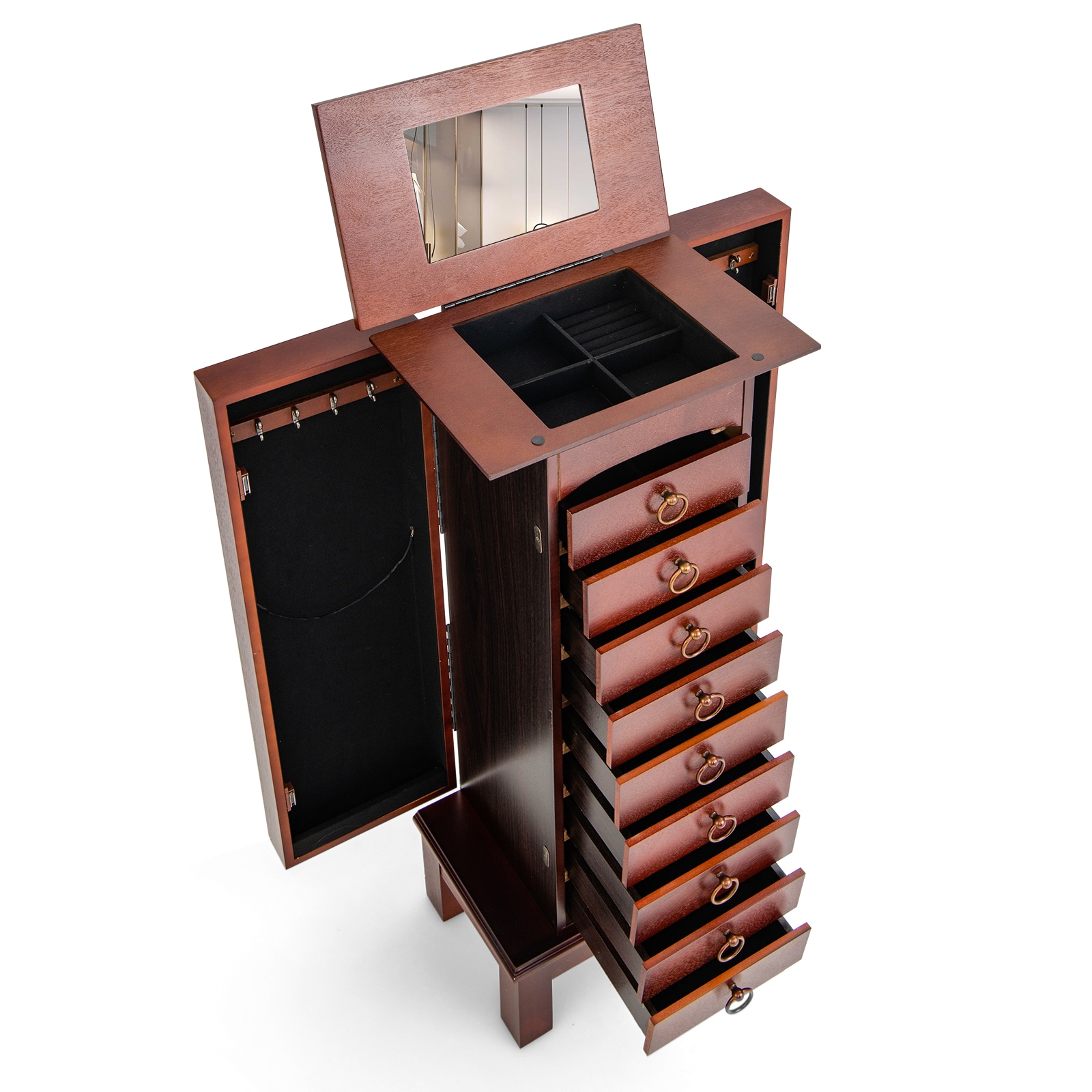 Slickblue Walnut Freestanding Jewelry Cabinet Flip-Top Vanity Mirror 9 Drawers Necklace Hooks Multiple Compartments Jewelry and Accessory Storage - Image 6
