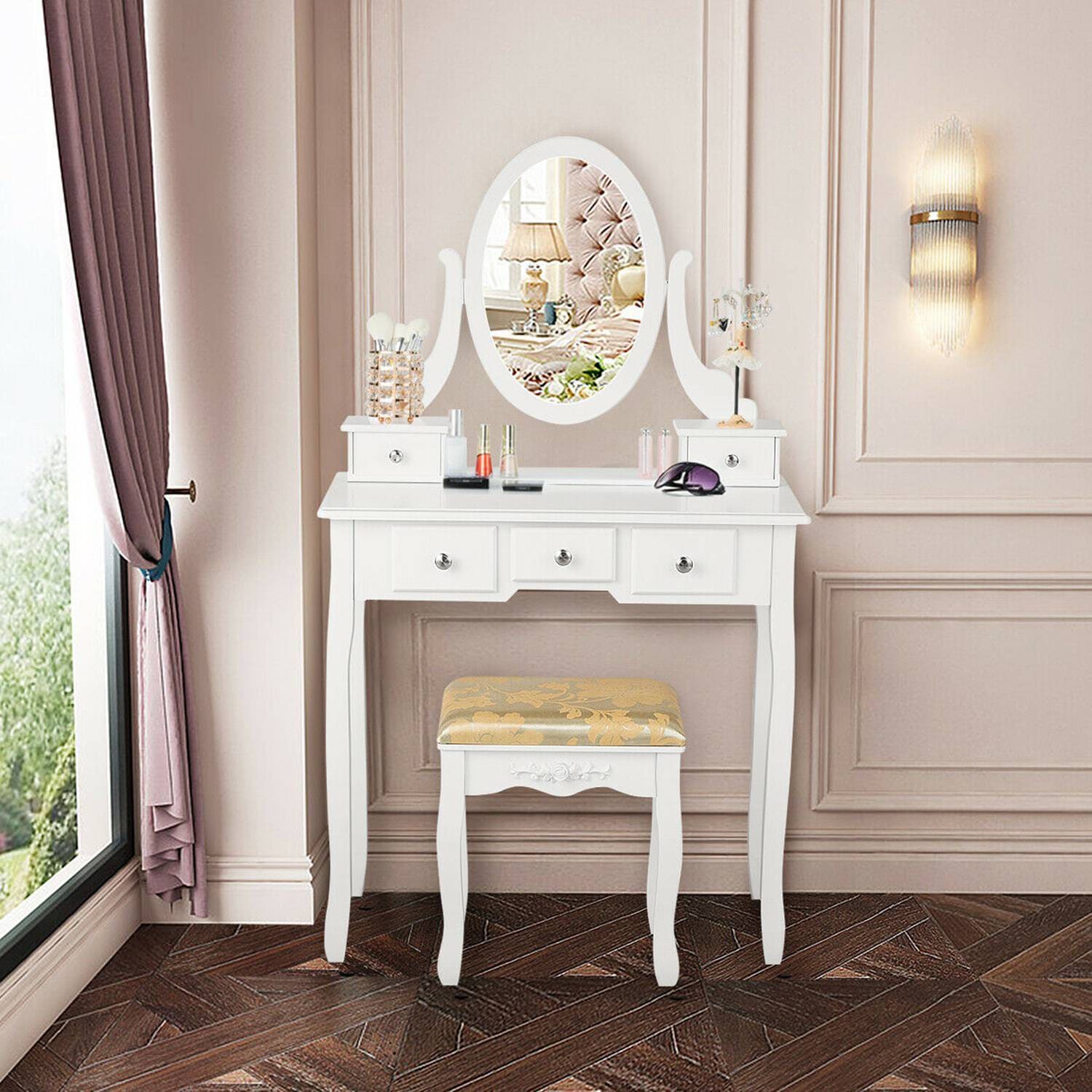 Costway Vanity Table Dressing Table 5 Make Up Table Stool White - Image 3