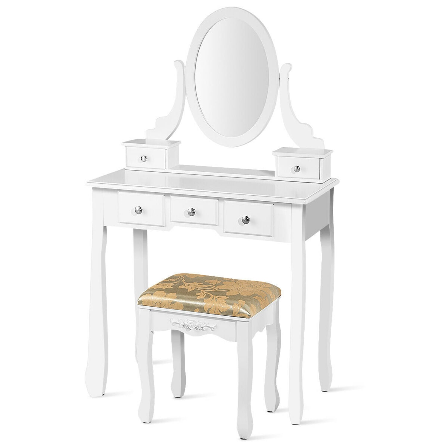 Costway Vanity Table Dressing Table 5 Make Up Table Stool White - Image 4