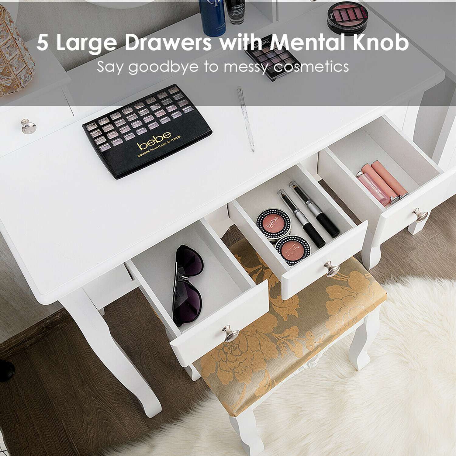 Costway Vanity Table Dressing Table 5 Make Up Table Stool White - Image 7