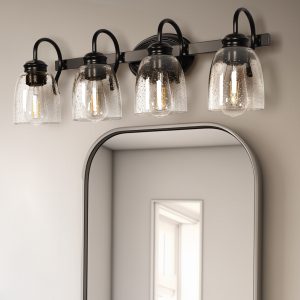 DORESshop 25.2 inch 4 Light Matte Black Modern Bathroom Vanity Light Mirror Wall Light with Black Accents and Seeded Glass Shade